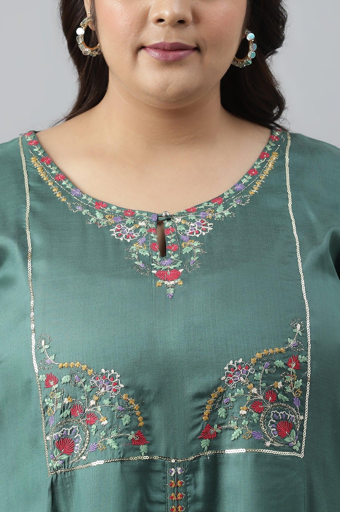 Plus Size Dark Green Embroidered kurta With Parallel Pants And Pink Printed Dupatta - Image 9