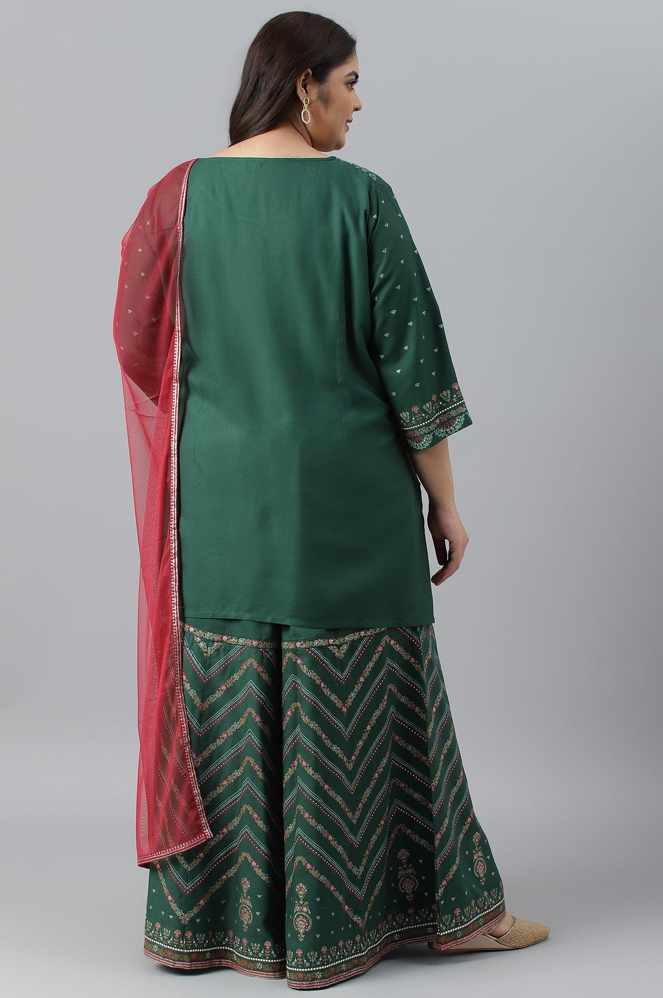 Plus Size Dark Green Glitter Floral Printed kurta With Sharara Pants And Pink Dupatta - Image 2