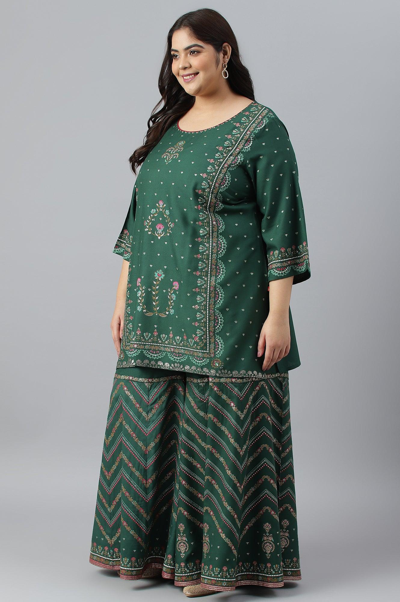 Plus Size Dark Green Glitter Floral Printed kurta With Sharara Pants And Pink Dupatta - Image 3