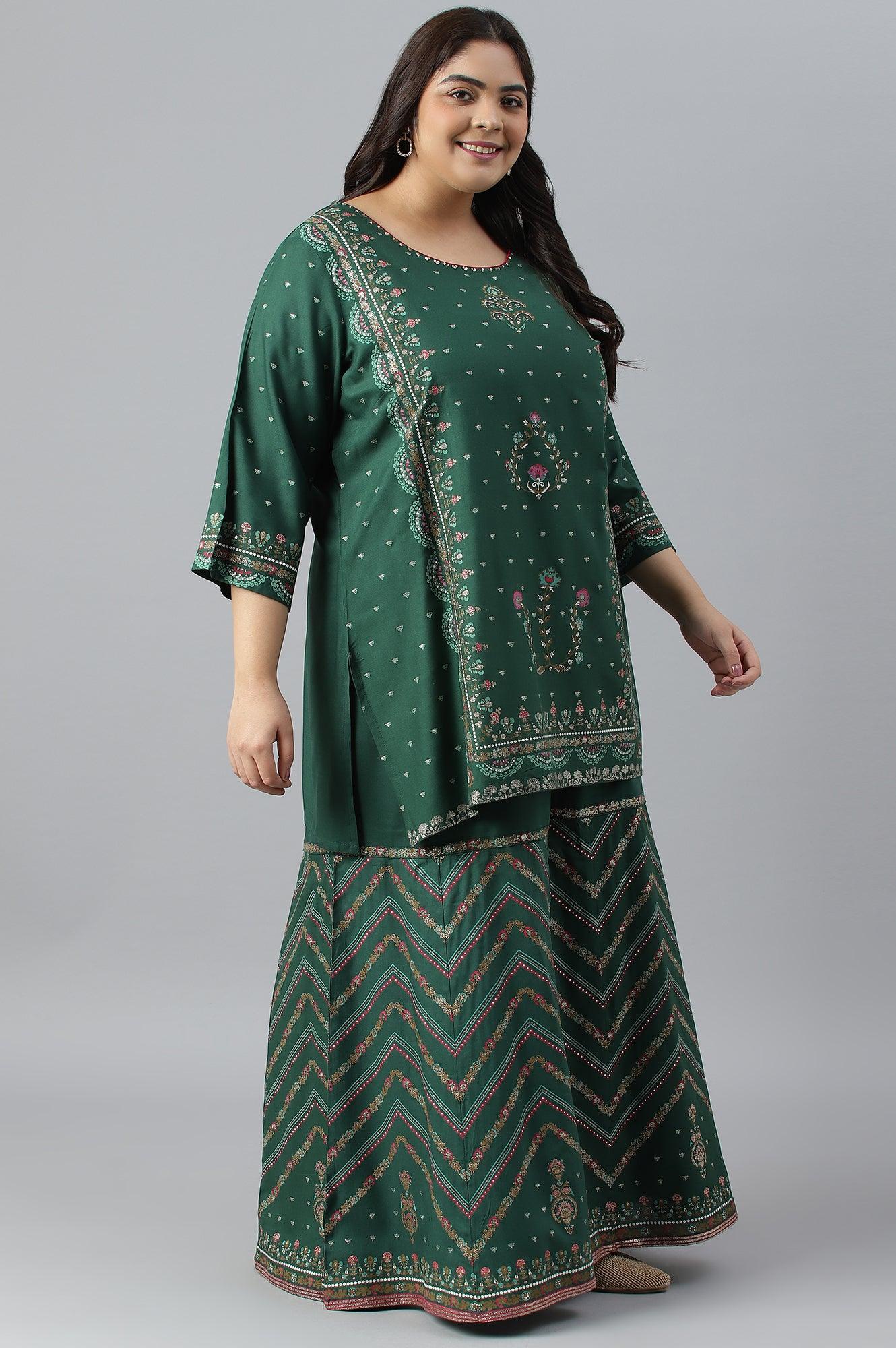 Plus Size Dark Green Glitter Floral Printed kurta With Sharara Pants And Pink Dupatta - Image 4