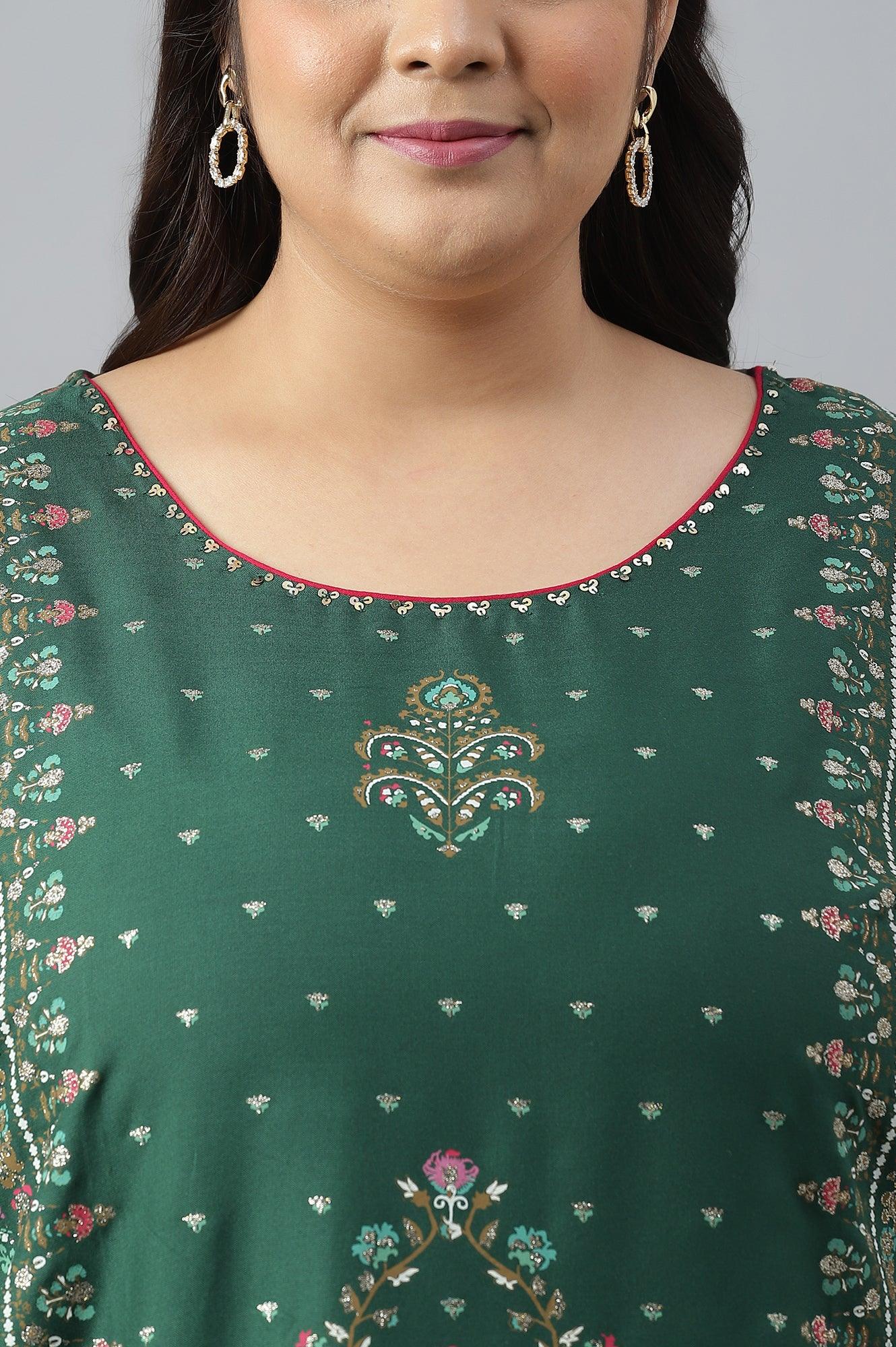 Plus Size Dark Green Glitter Floral Printed kurta With Sharara Pants And Pink Dupatta - Image 5