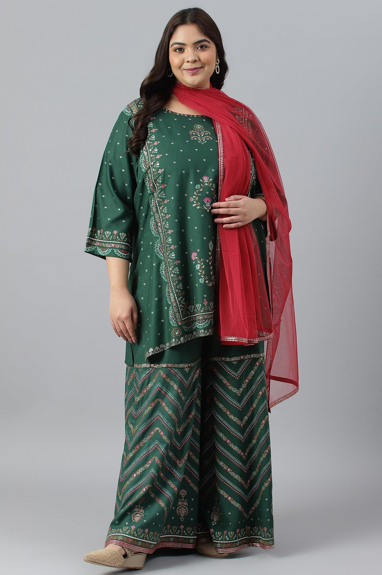 Plus Size Dark Green Glitter Floral Printed kurta With Sharara Pants And Pink Dupatta - Image 6