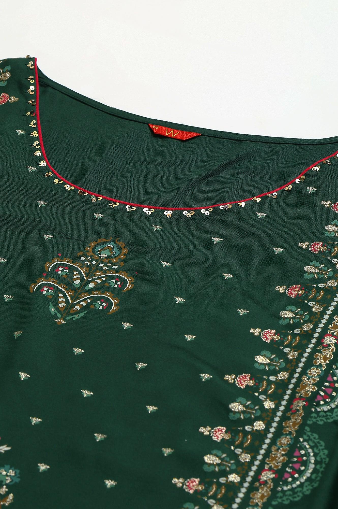 Plus Size Dark Green Glitter Floral Printed kurta With Sharara Pants And Pink Dupatta - Image 7