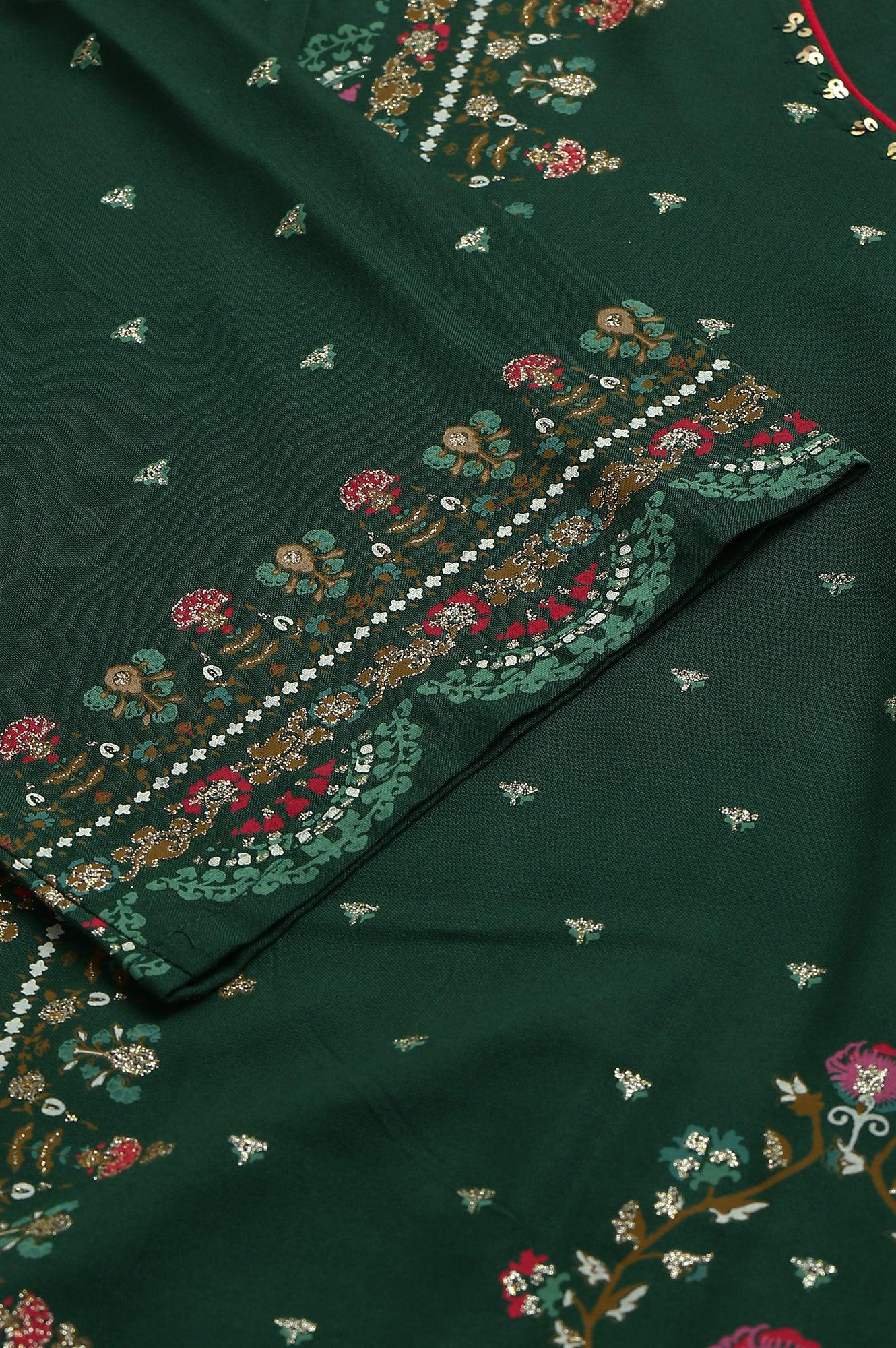 Plus Size Dark Green Glitter Floral Printed kurta With Sharara Pants And Pink Dupatta - Image 8
