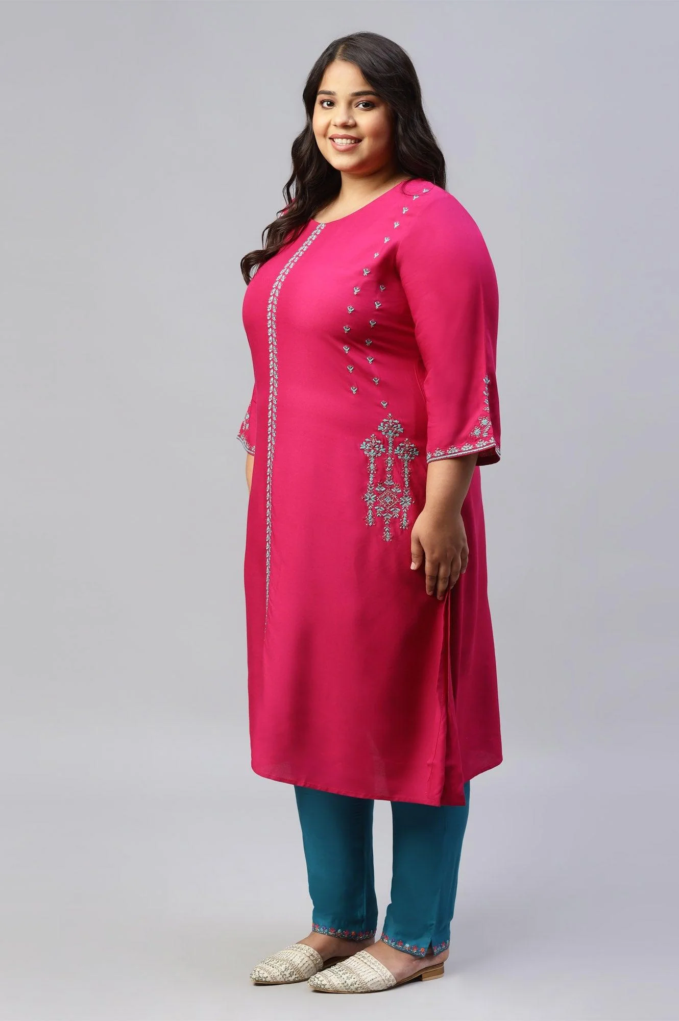 Plus Size Dark Pink Embroidered A-Line kurta - Image 3