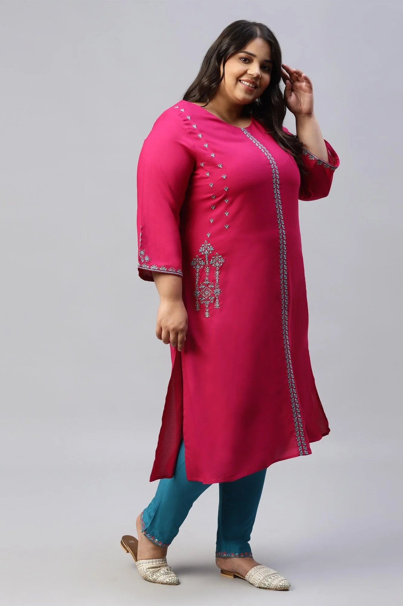 Plus Size Dark Pink Embroidered A-Line kurta - Image 4