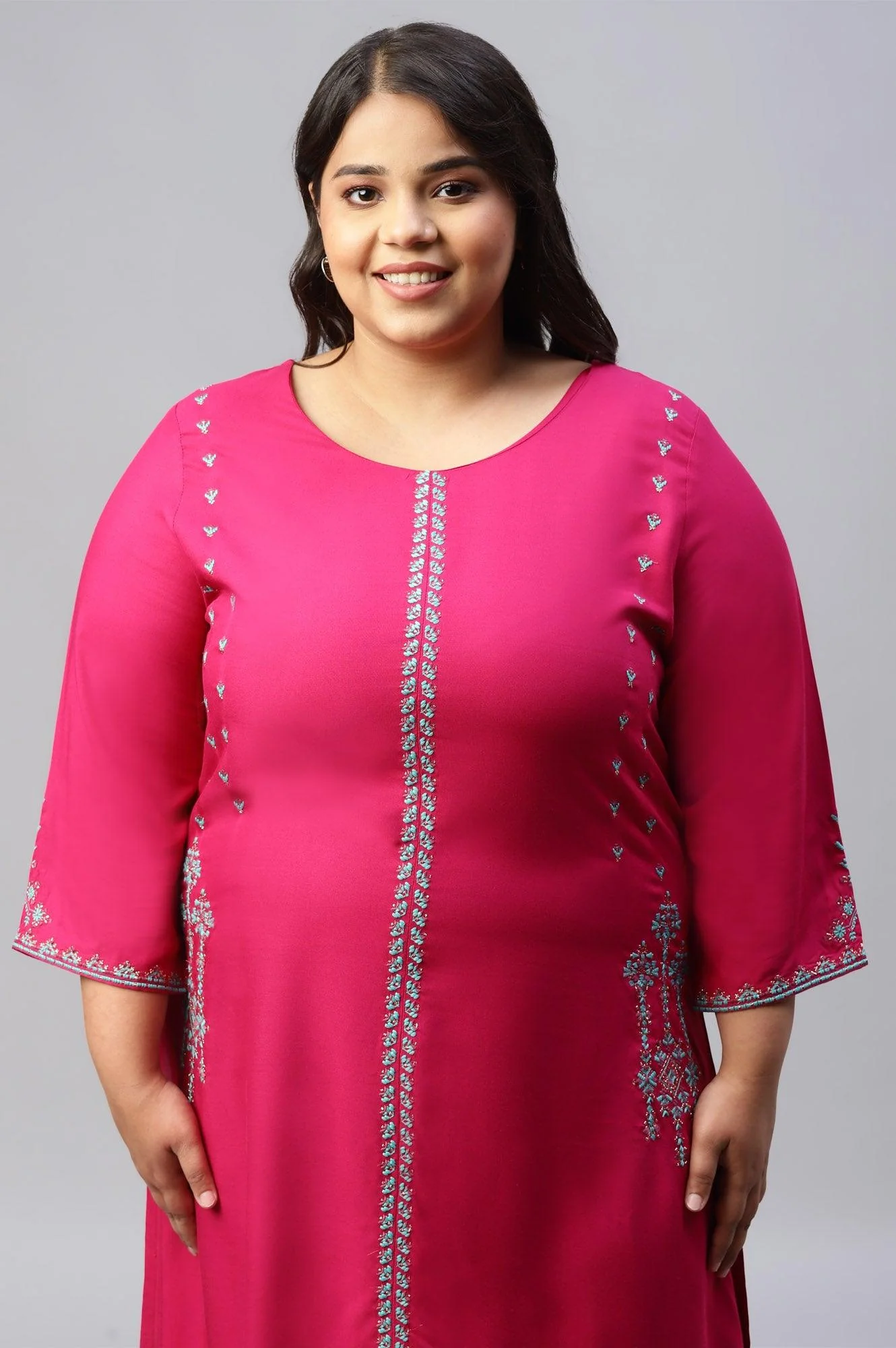 Plus Size Dark Pink Embroidered A-Line kurta - Image 5