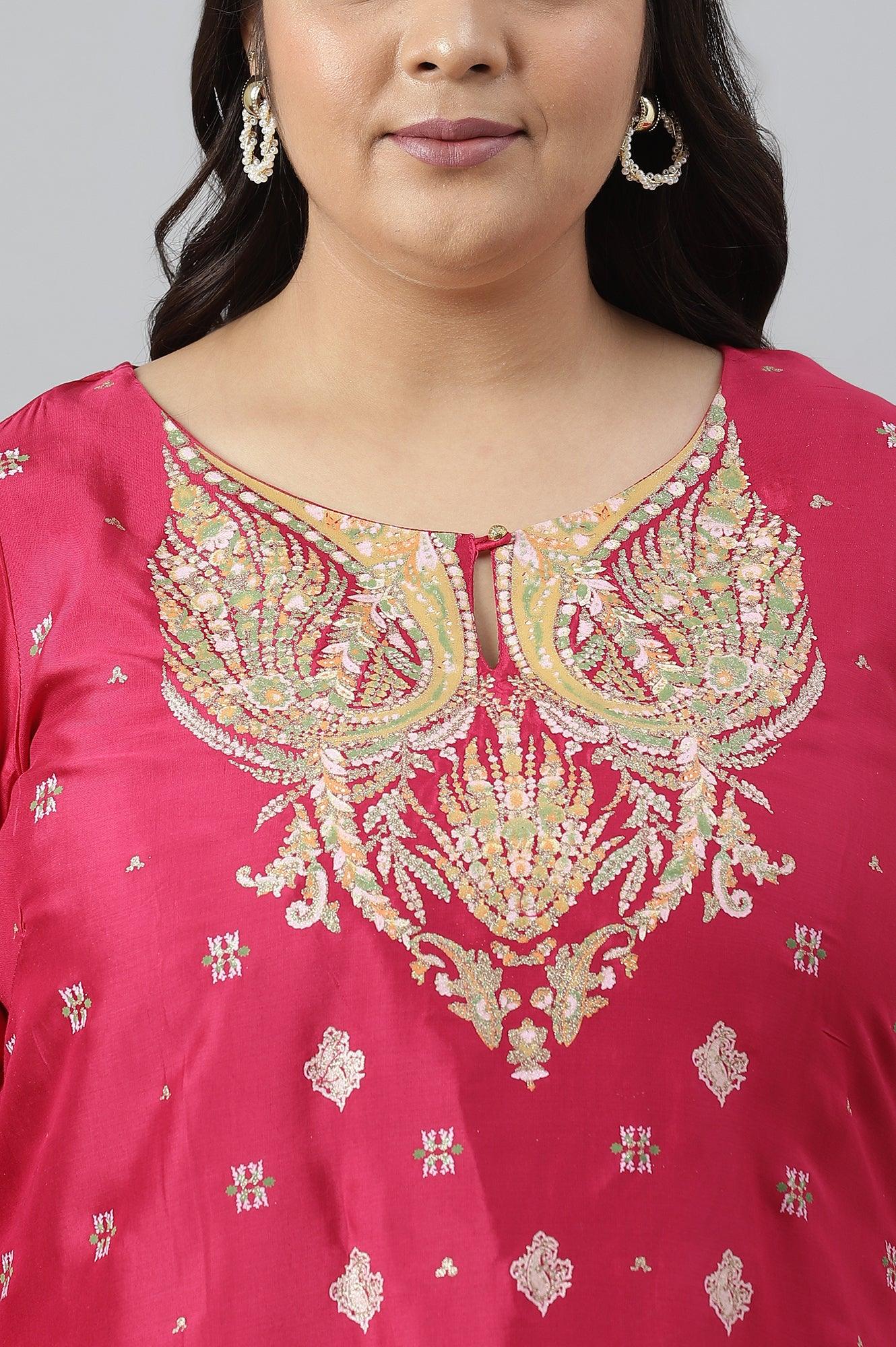 Plus Size Dark Pink Glitter Placement Print kurta - Image 5