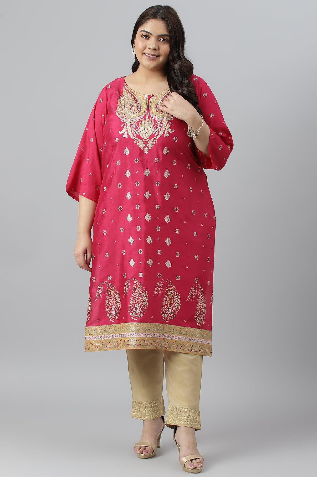 Plus Size Dark Pink Glitter Placement Print kurta - Image 6