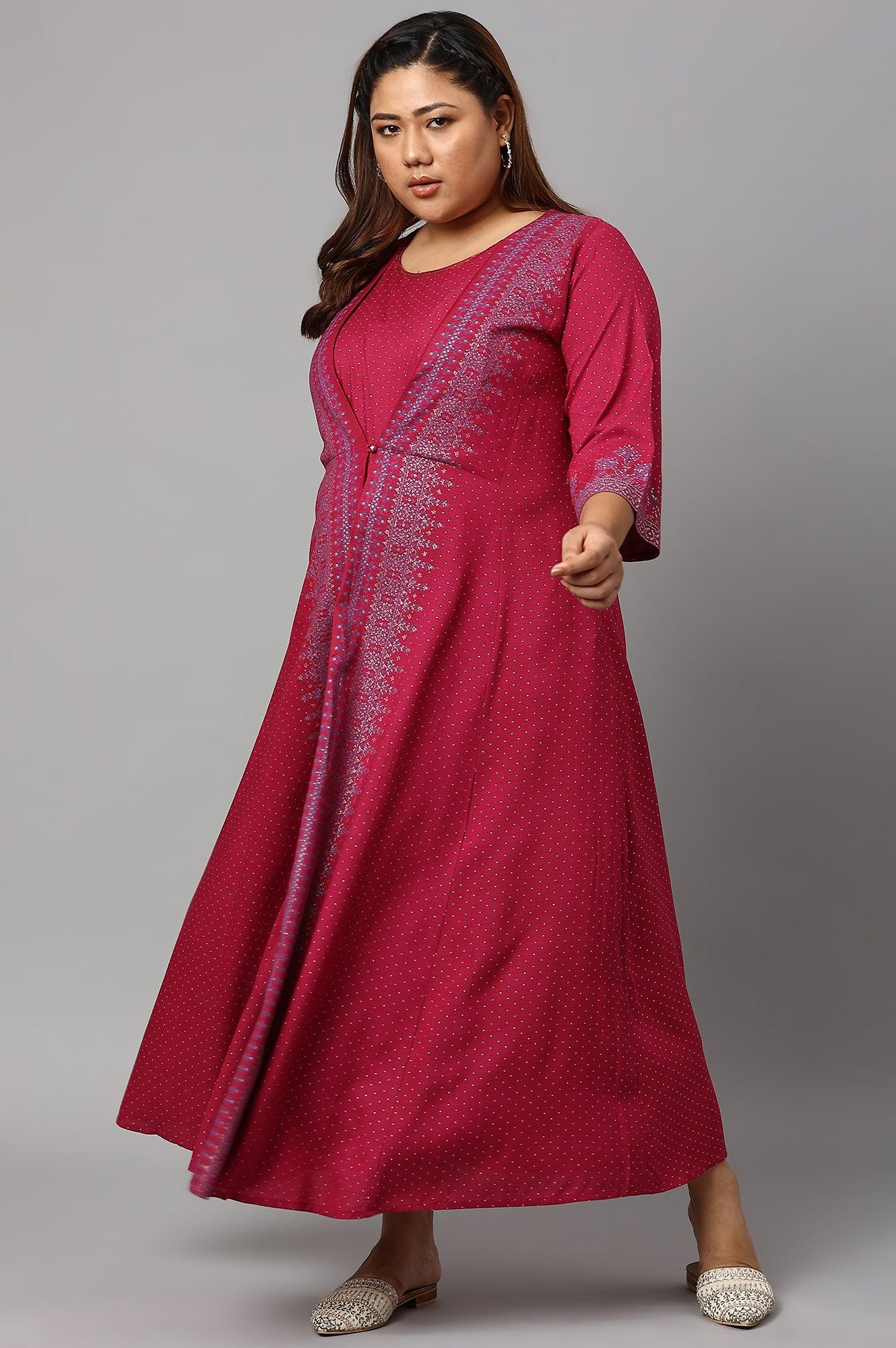 Plus Size Dark Pink Mock Layer Embellished Liva Eco Kimono Jumpsuit - Image 6