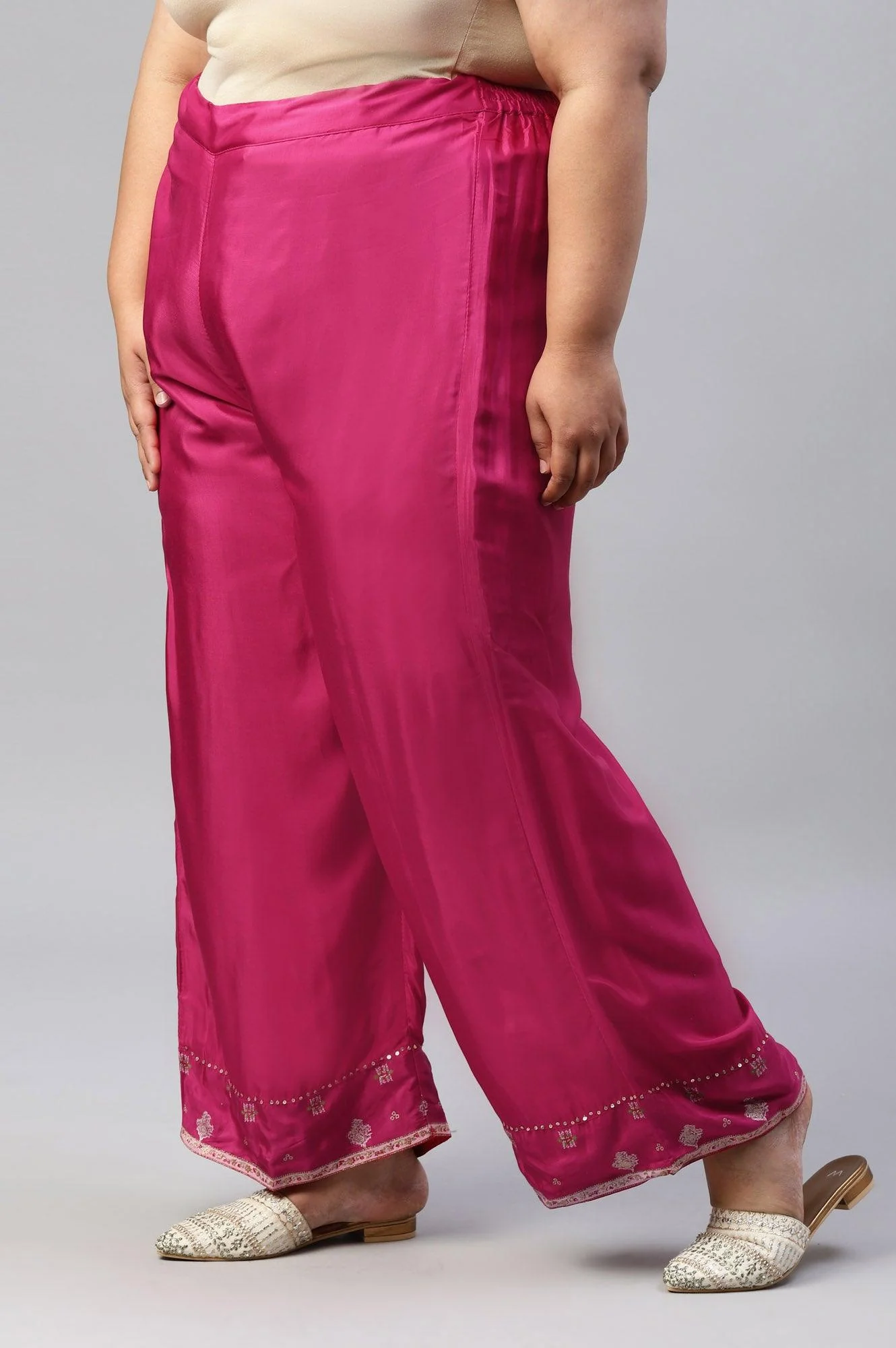 Plus Size Dark Pink Shantung Straight Parallel Pants - Image 3
