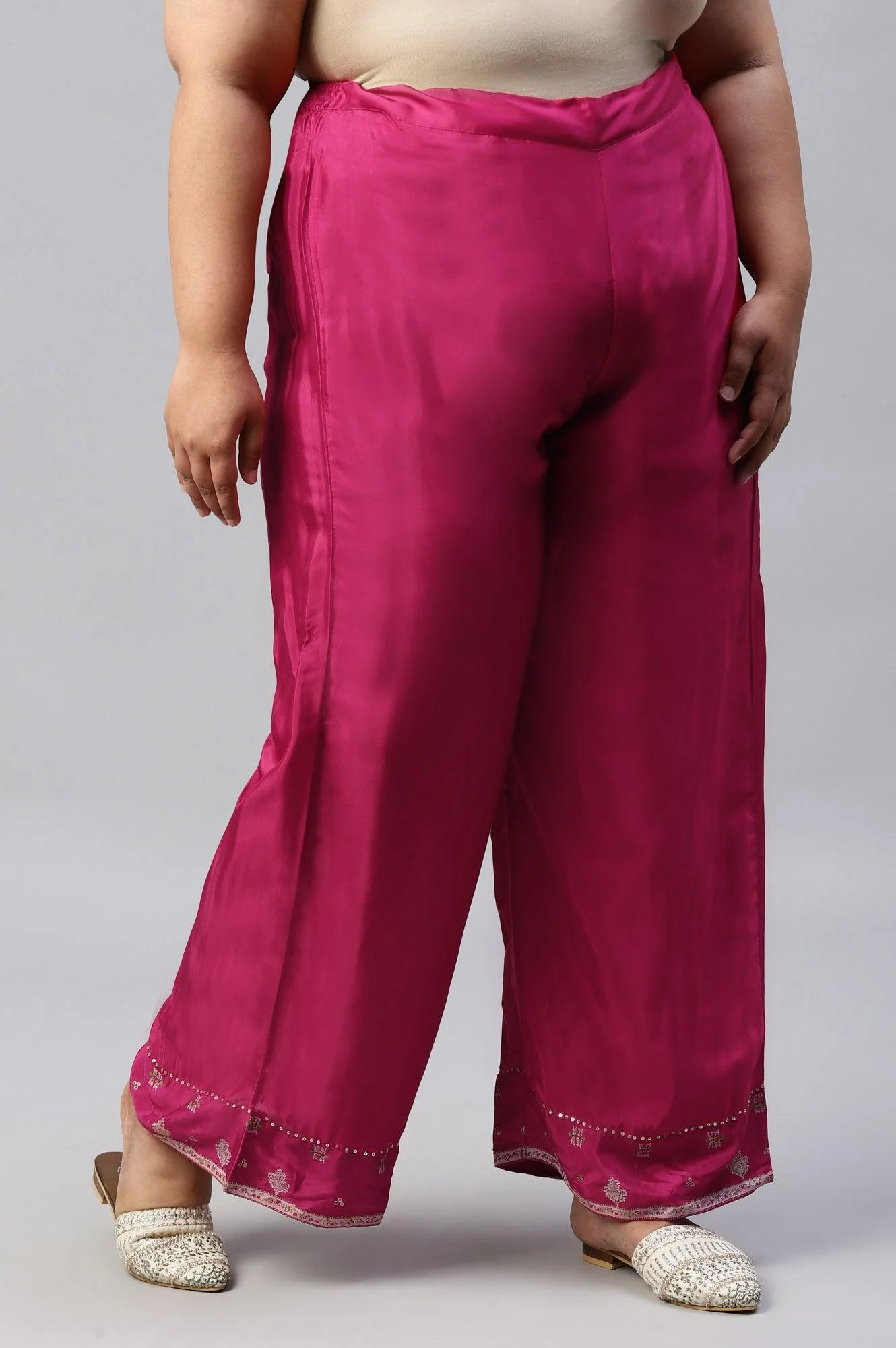 Plus Size Dark Pink Shantung Straight Parallel Pants - Image 4