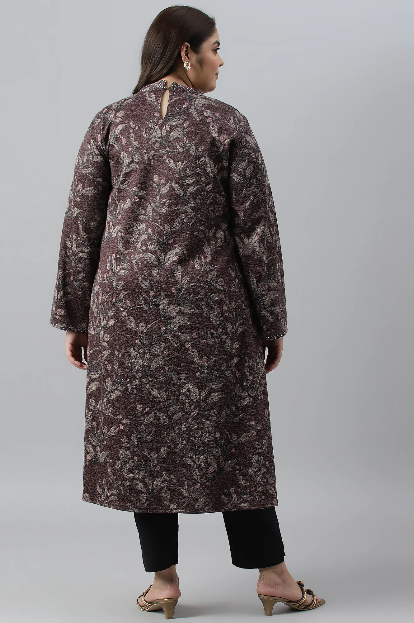 Plus Size Dark Purple Flared Embellished Winter kurta - Image 2