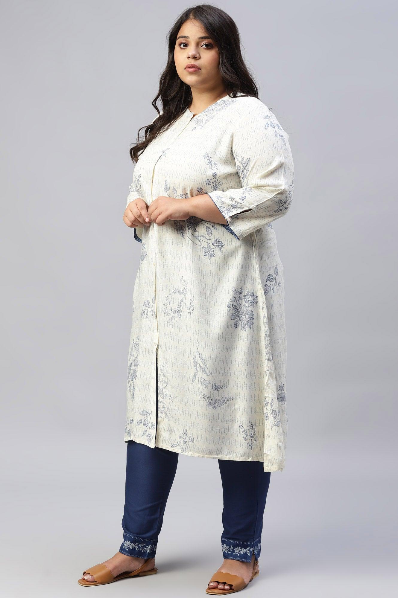 Plus Size Ecru And Blue Button Down kurta - Image 3