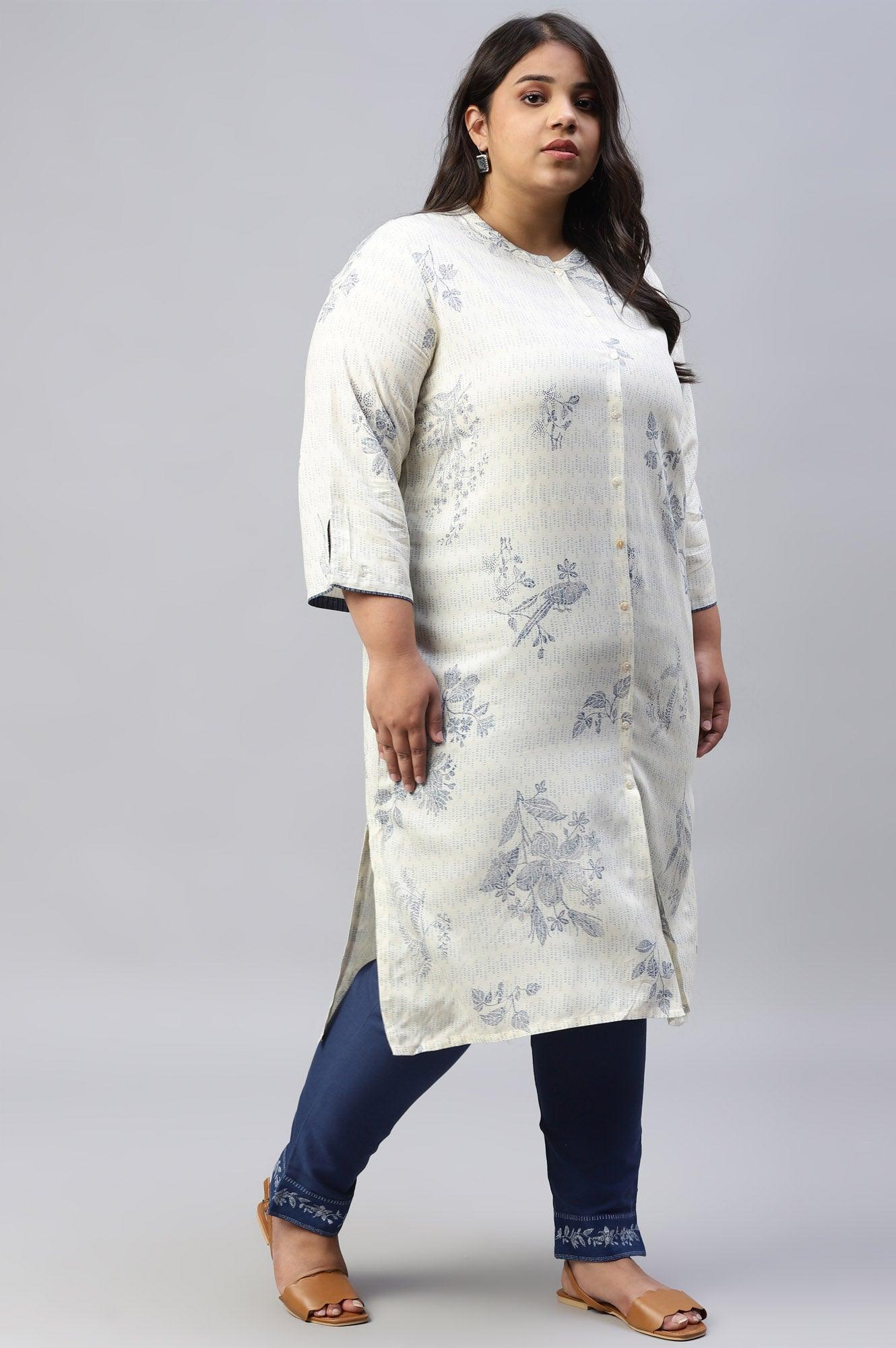 Plus Size Ecru And Blue Button Down kurta - Image 4