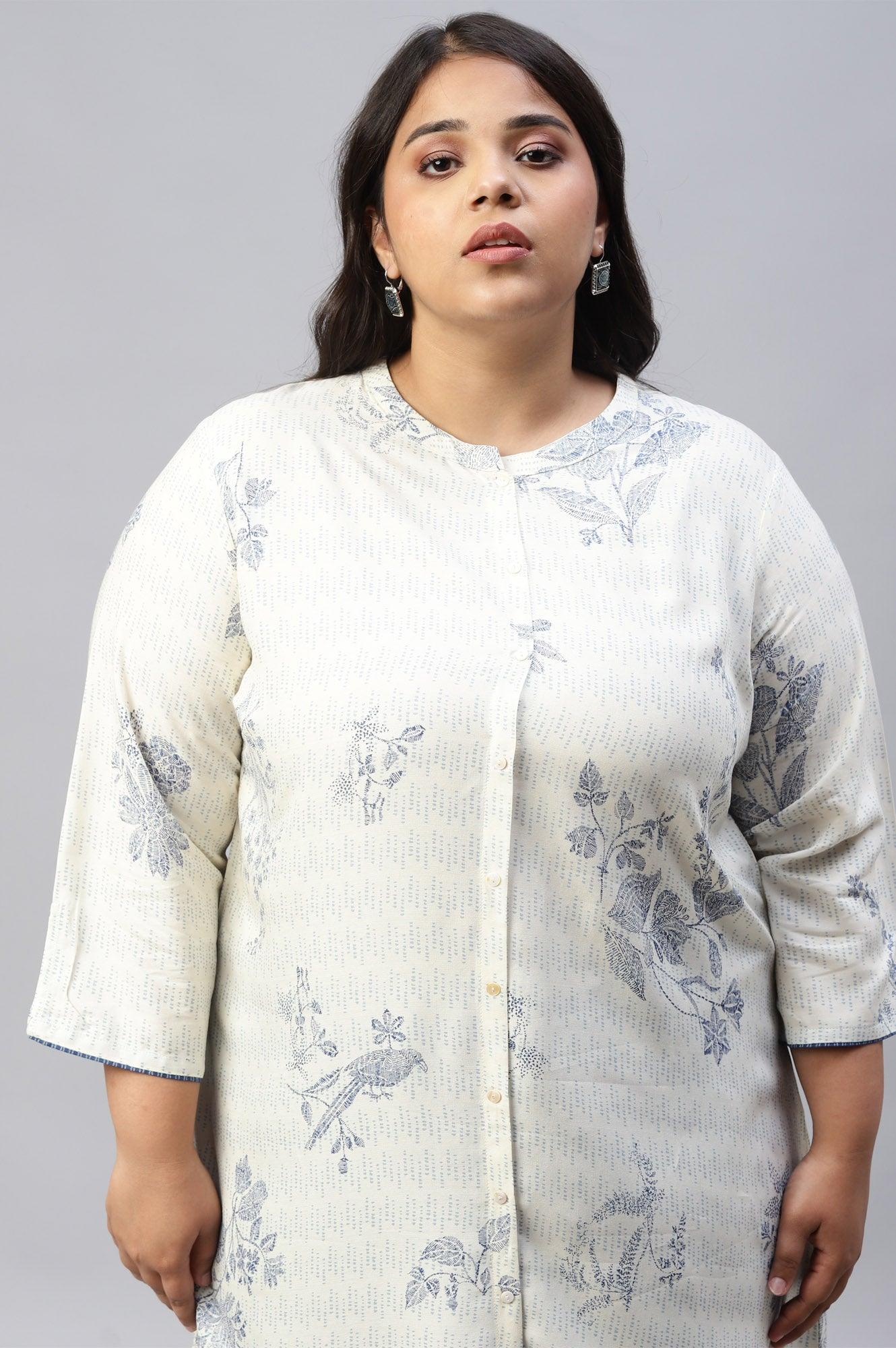 Plus Size Ecru And Blue Button Down kurta - Image 5