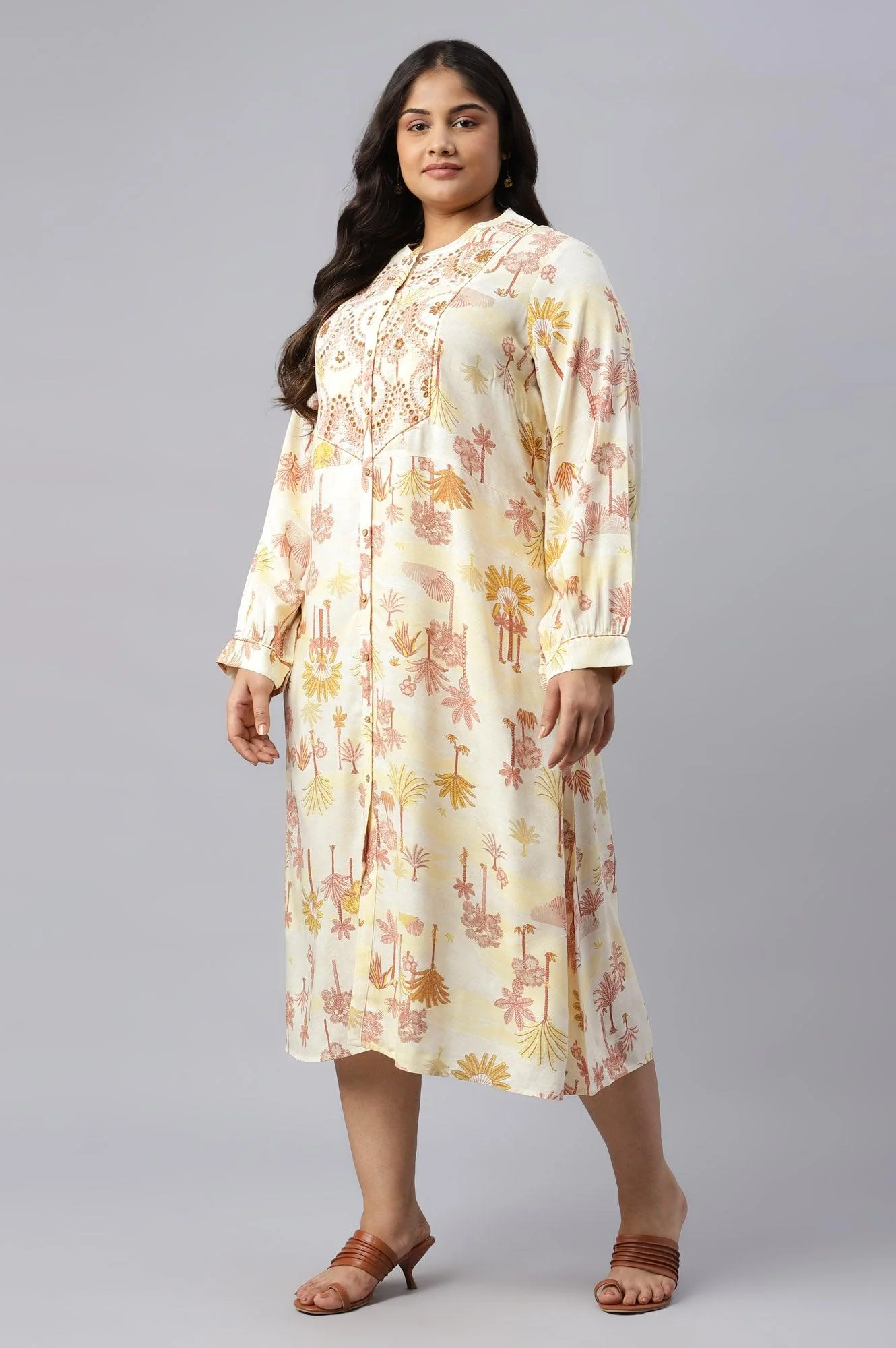 Plus Size Ecru Embroidered A-Line Shirt Dress - Image 3