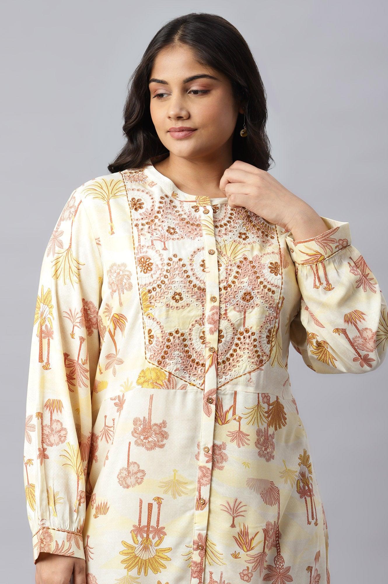 Plus Size Ecru Embroidered A-Line Shirt Dress - Image 5