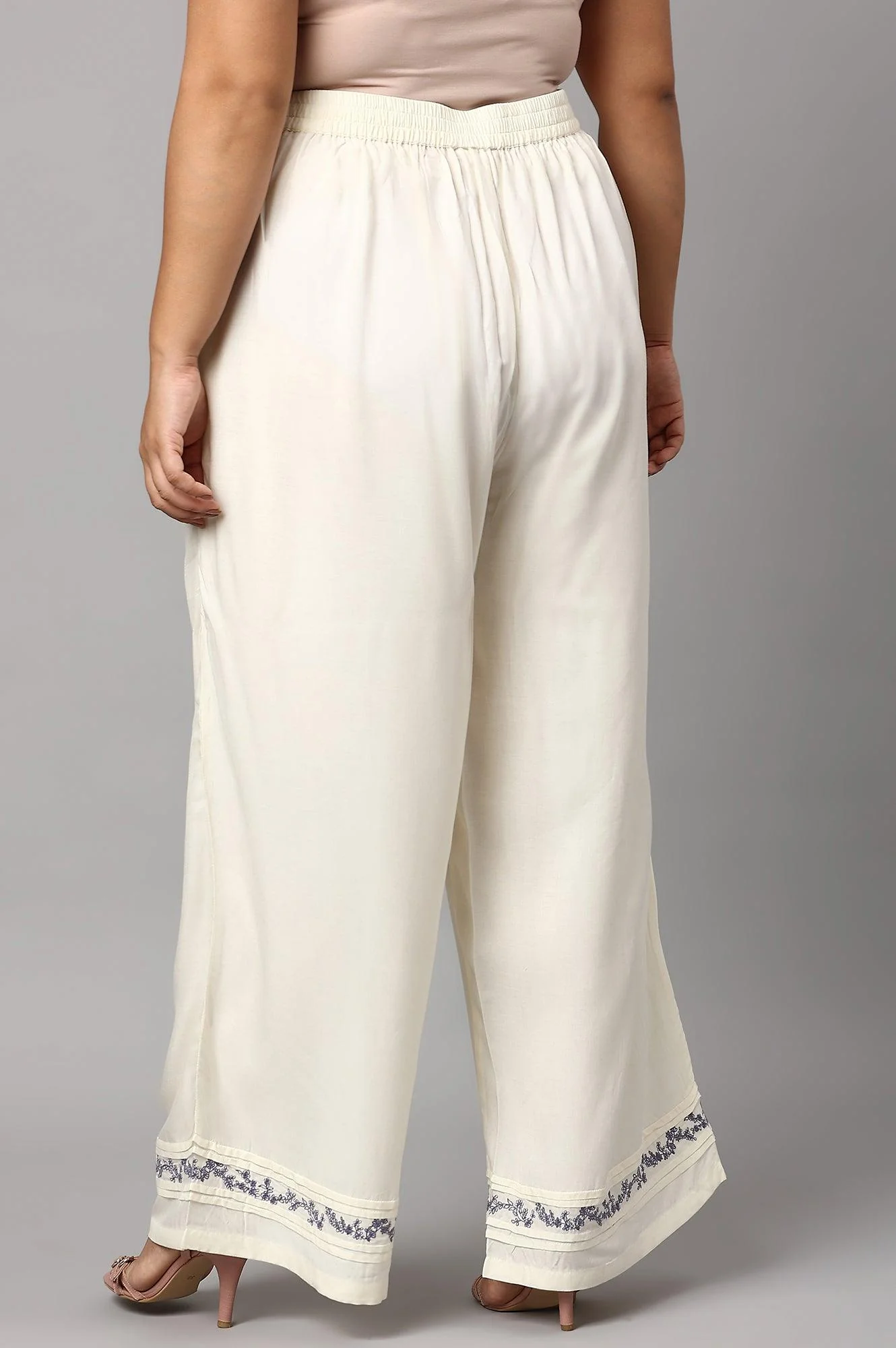 Plus Size Ecru Embroidered Rayon Parallel Pants With Pleats. - Image 2