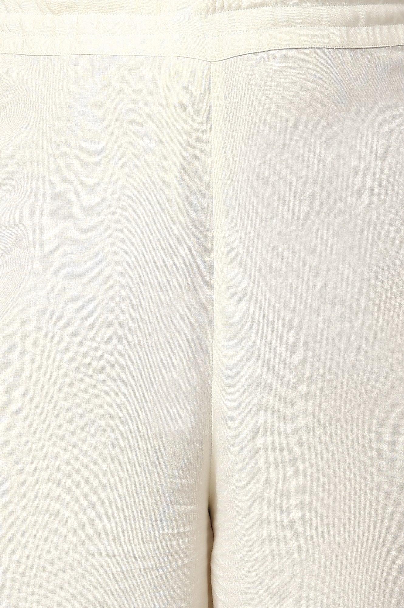 Plus Size Ecru Embroidered Rayon Parallel Pants With Pleats. - Image 5