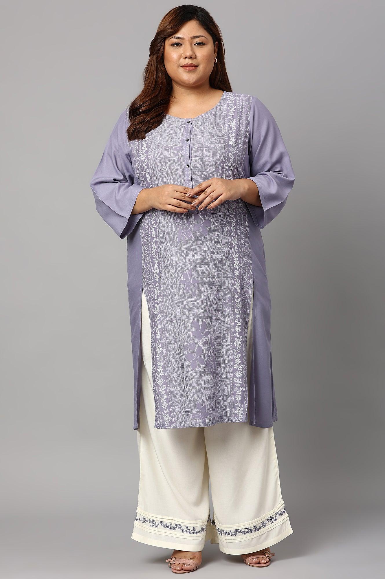 Plus Size Ecru Embroidered Rayon Parallel Pants With Pleats. - Image 6