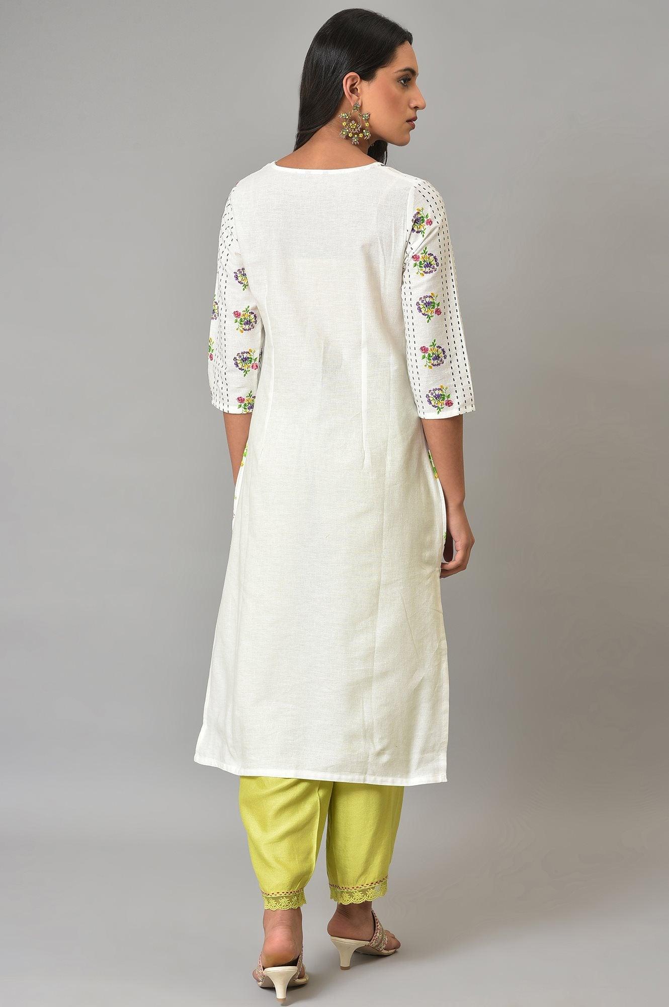 Plus Size Ecru Floral Printed Cotton kurta - Image 2