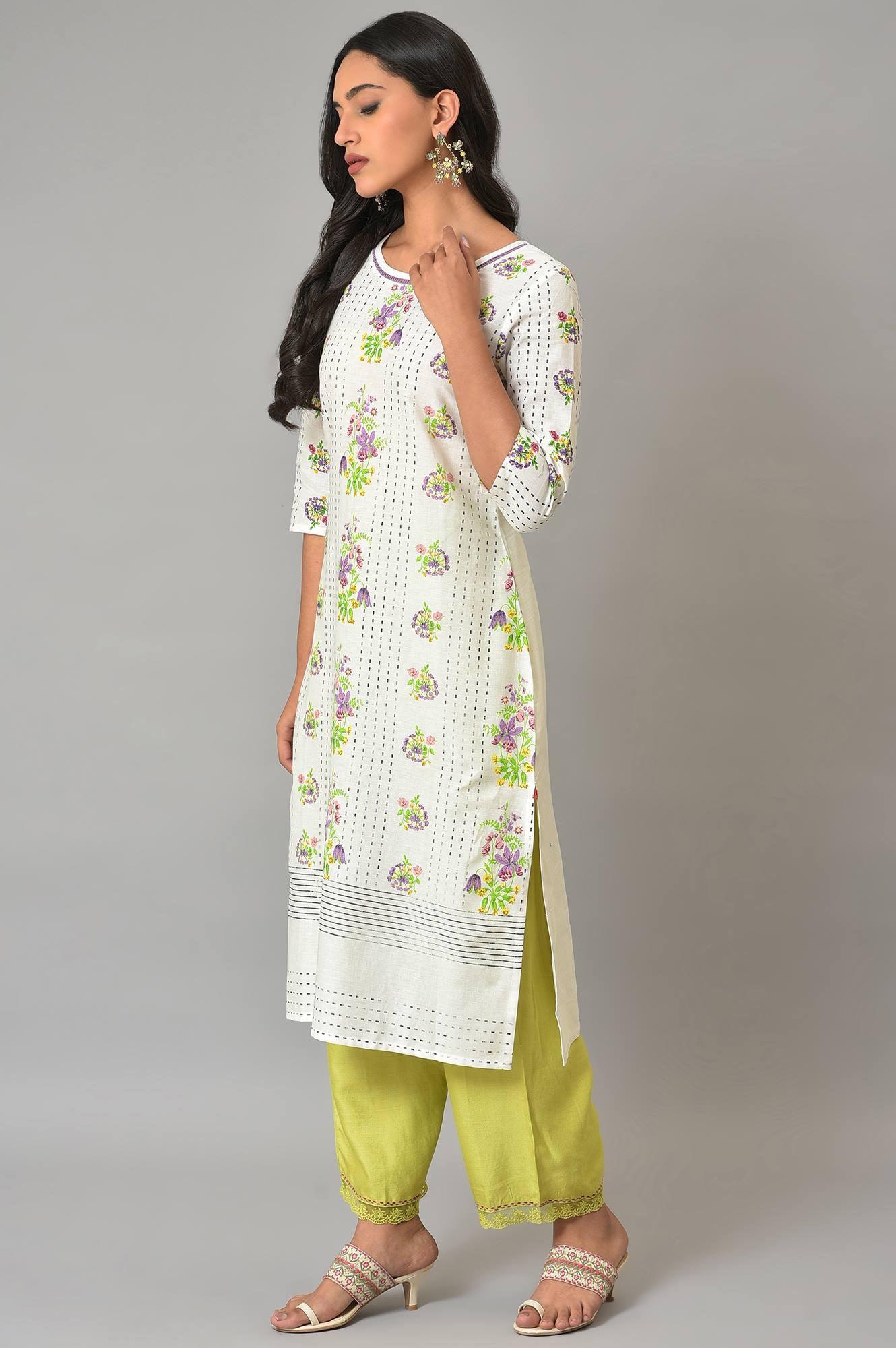 Plus Size Ecru Floral Printed Cotton kurta - Image 3