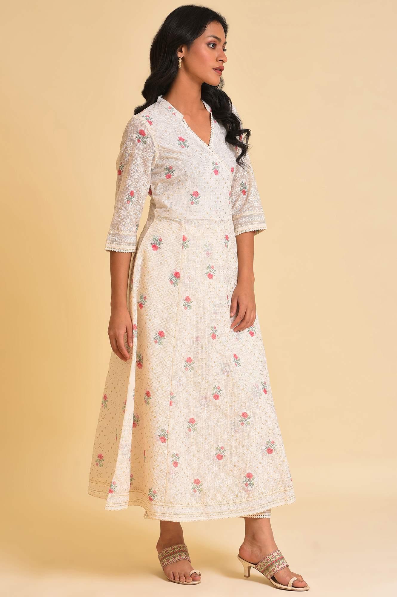 Plus Size Ecru Glitter Printed Angrakha kurta & Pants Set - Image 4