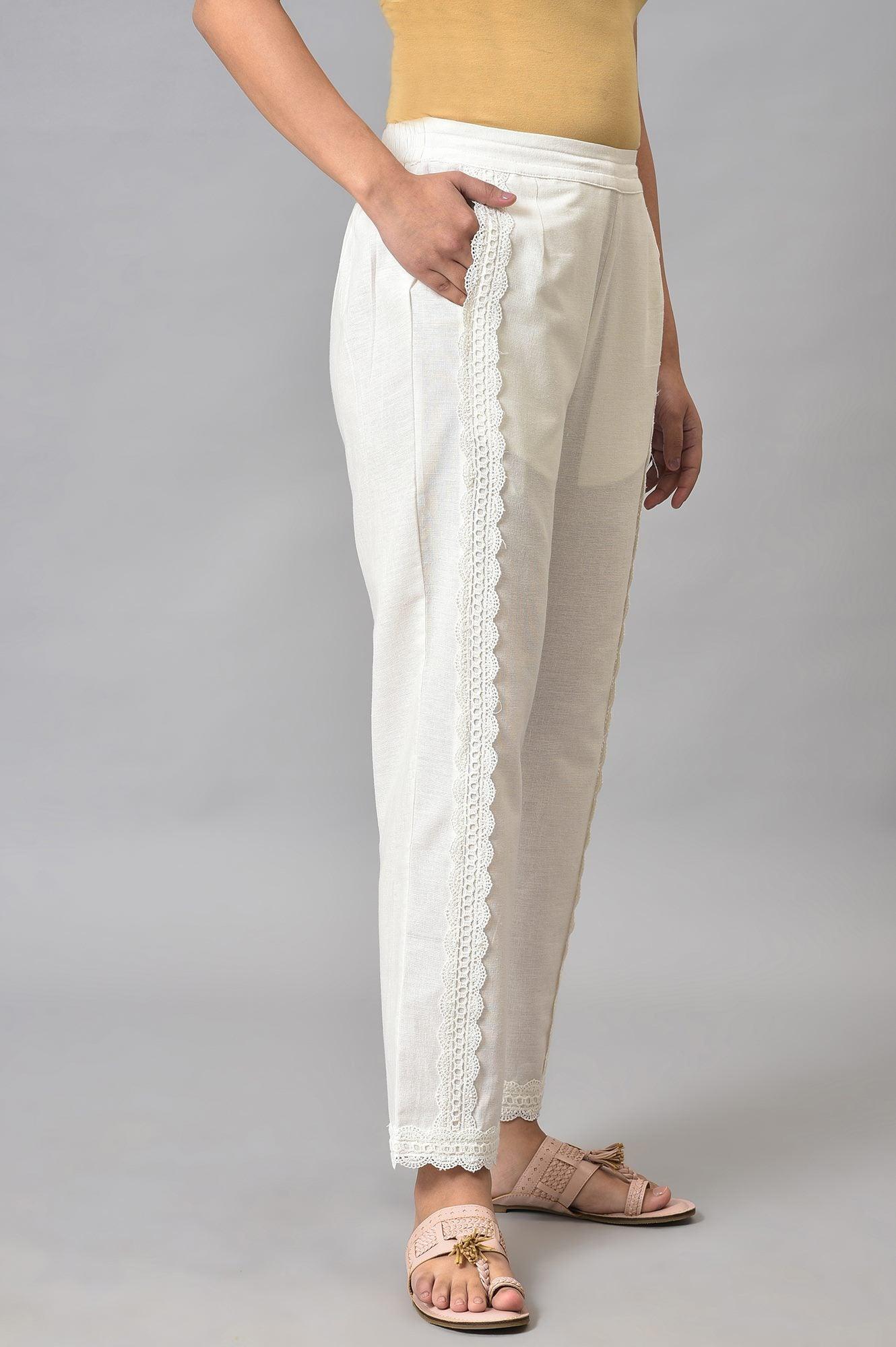 Plus Size Ecru Solid Lace Straight Pants - Image 4