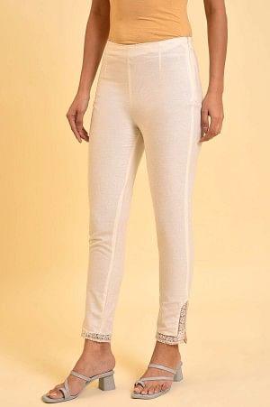 Plus Size Ecru Solid Slim Pants With Lace On Hem - Image 3