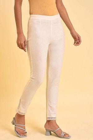 Plus Size Ecru Solid Slim Pants With Lace On Hem - Image 4
