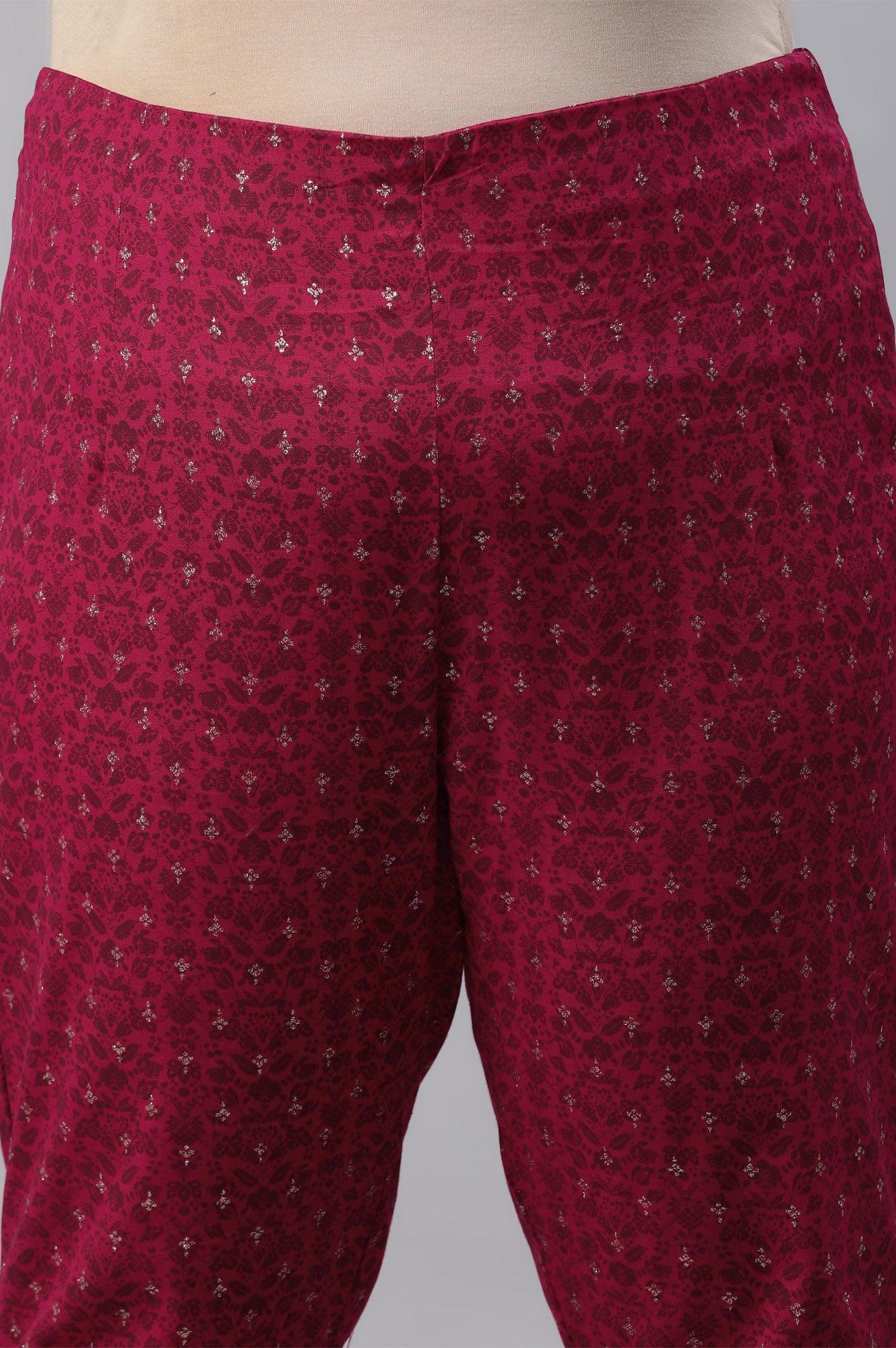 Plus Size Fuchsia Pink Floral Printed Slim Pants - Image 6