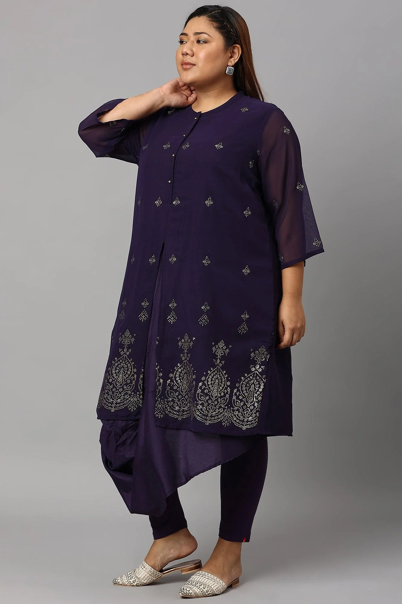 Plus Size Grape Purple Cowled Hemline kurta With Tights - Image 3