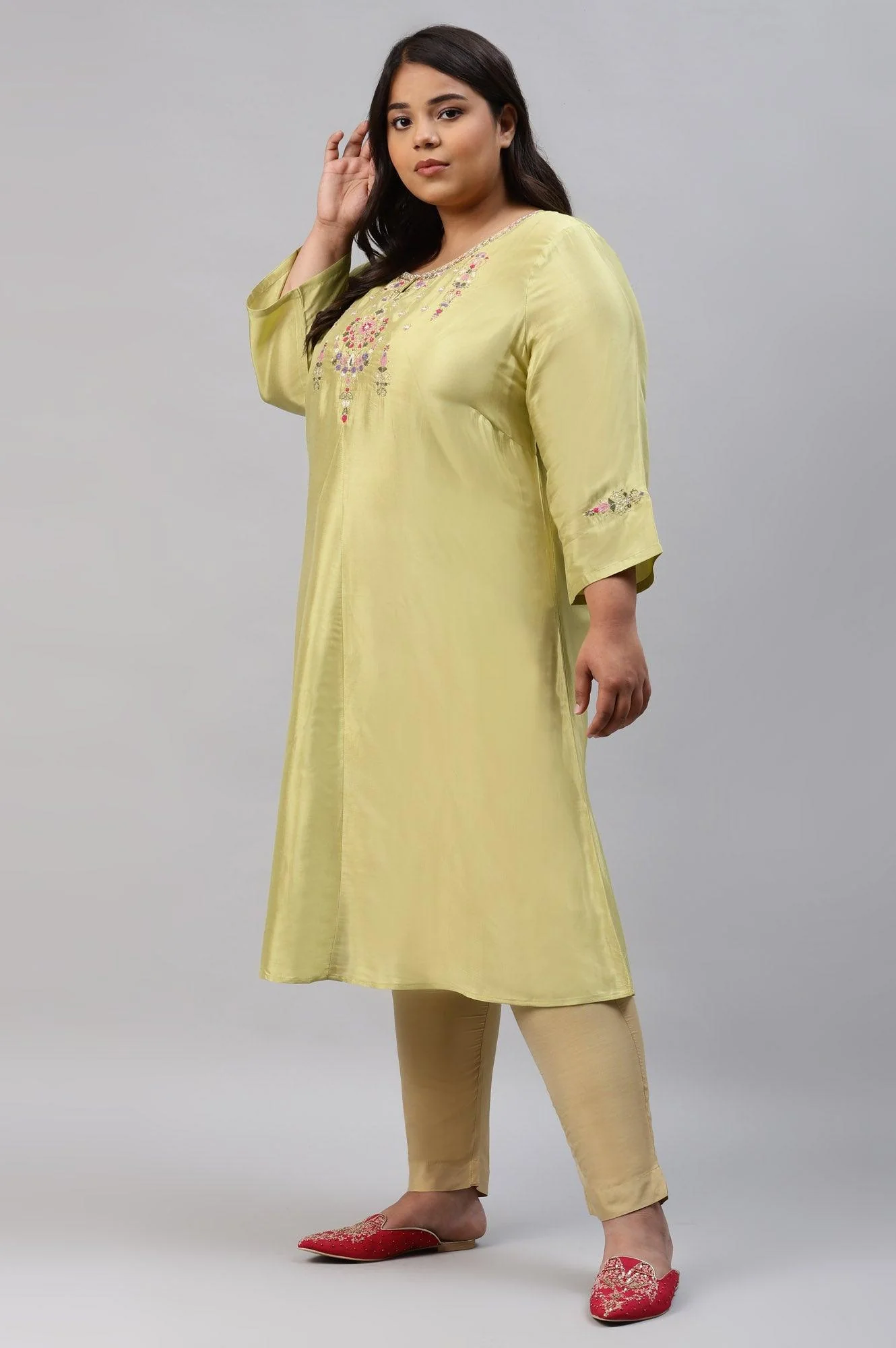 Plus Size Green Embroidered A-Line kurta - Image 3