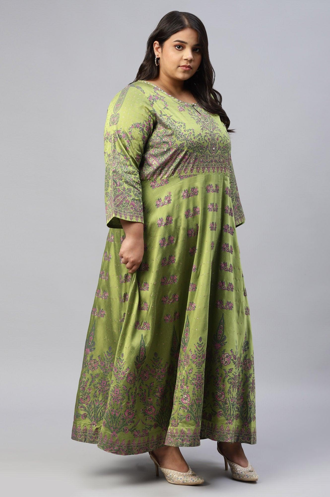 Plus Size Green Floral Printed Indie Dress - Image 4