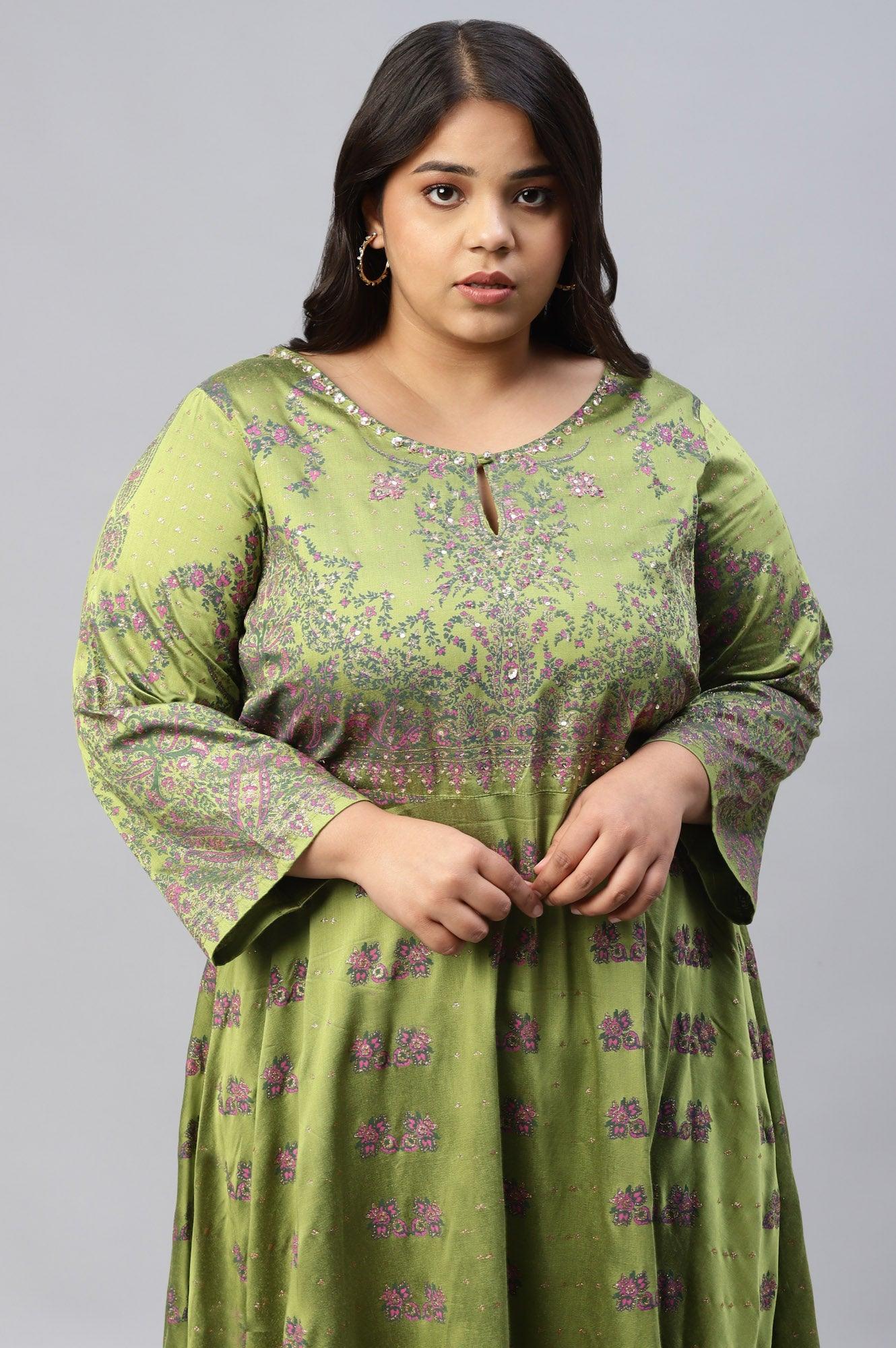 Plus Size Green Floral Printed Indie Dress - Image 5