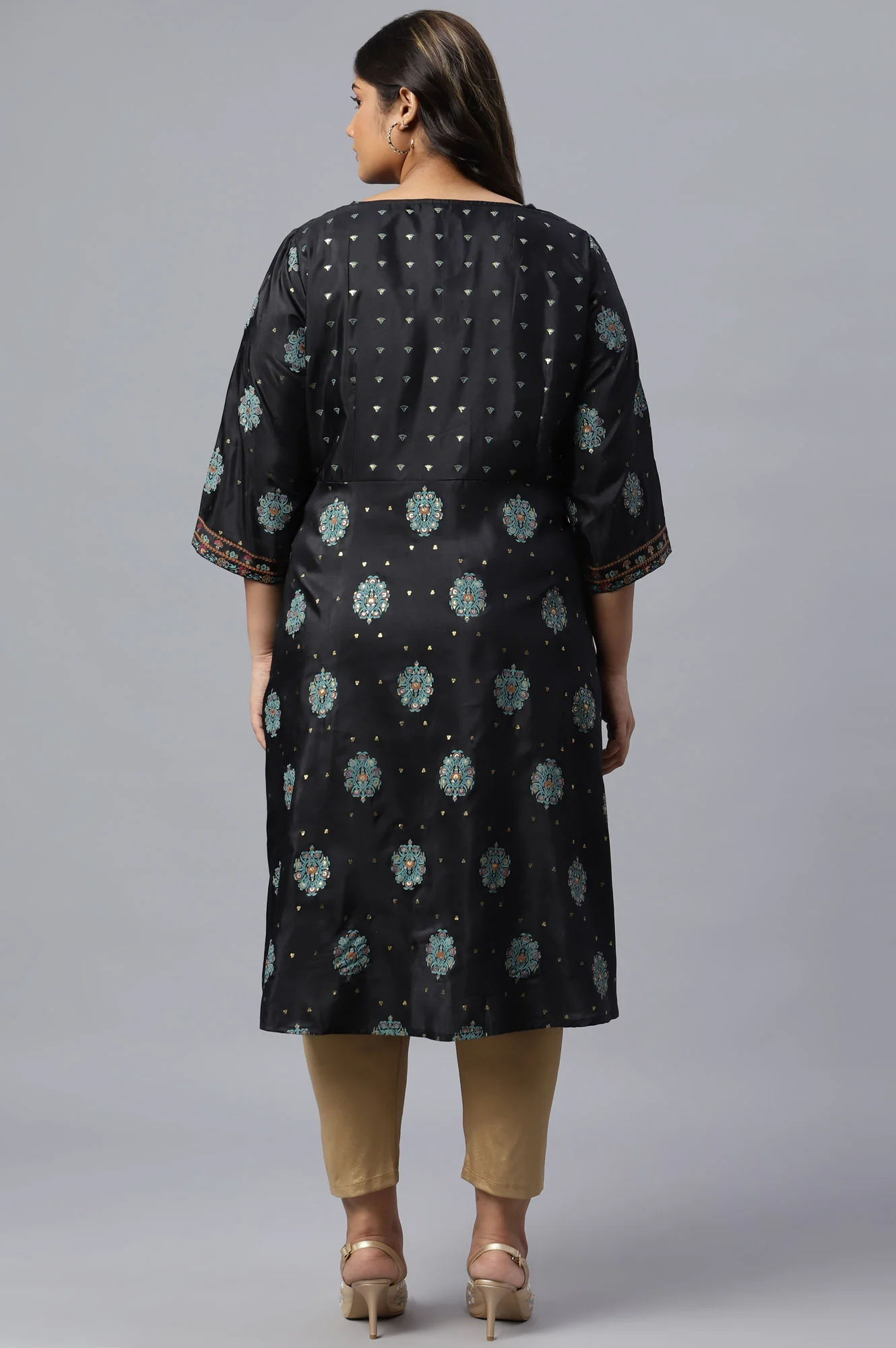 Plus Size Jet Black Foil Printed Shantung kurta - Image 2