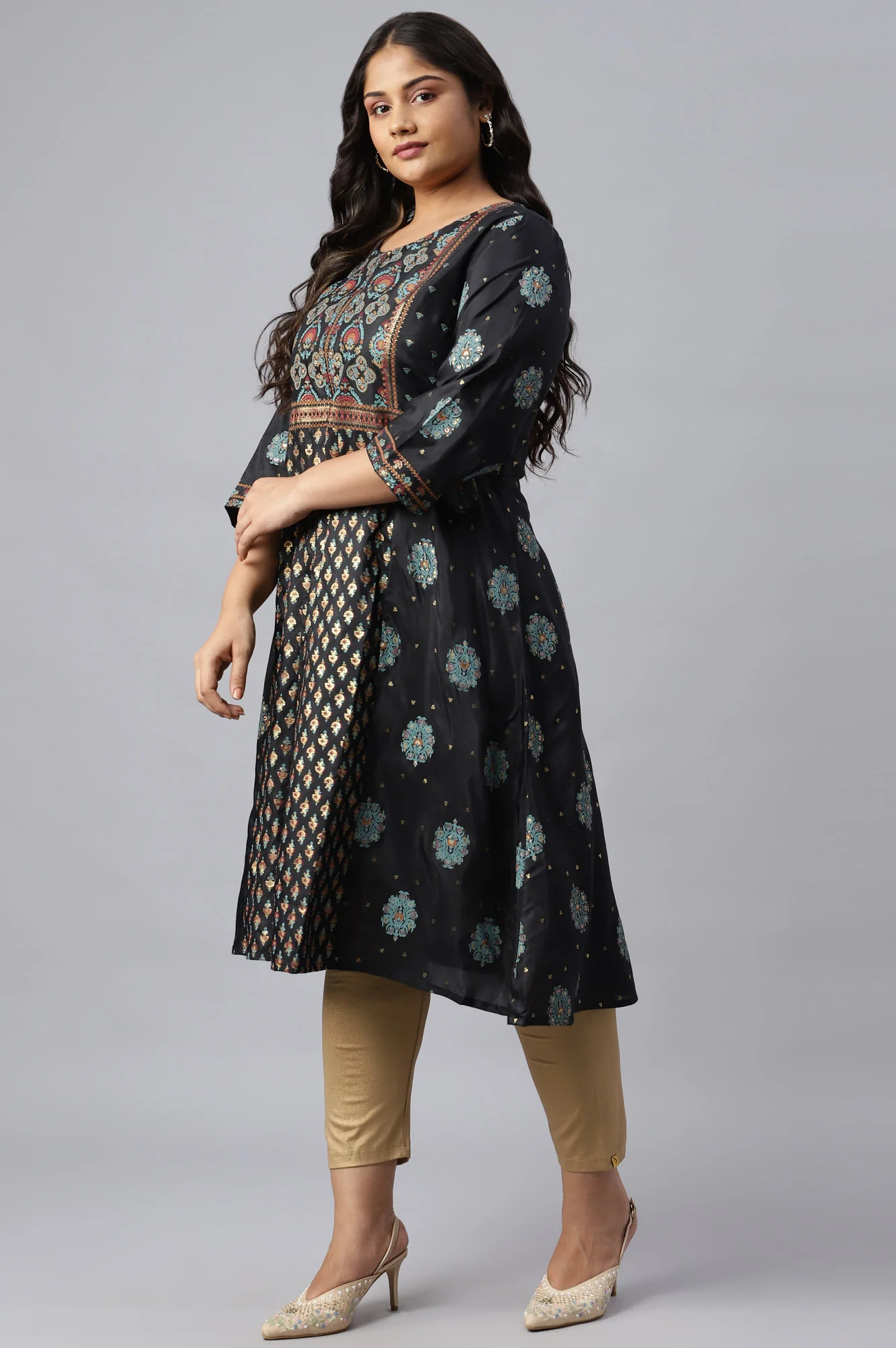 Plus Size Jet Black Foil Printed Shantung kurta - Image 3