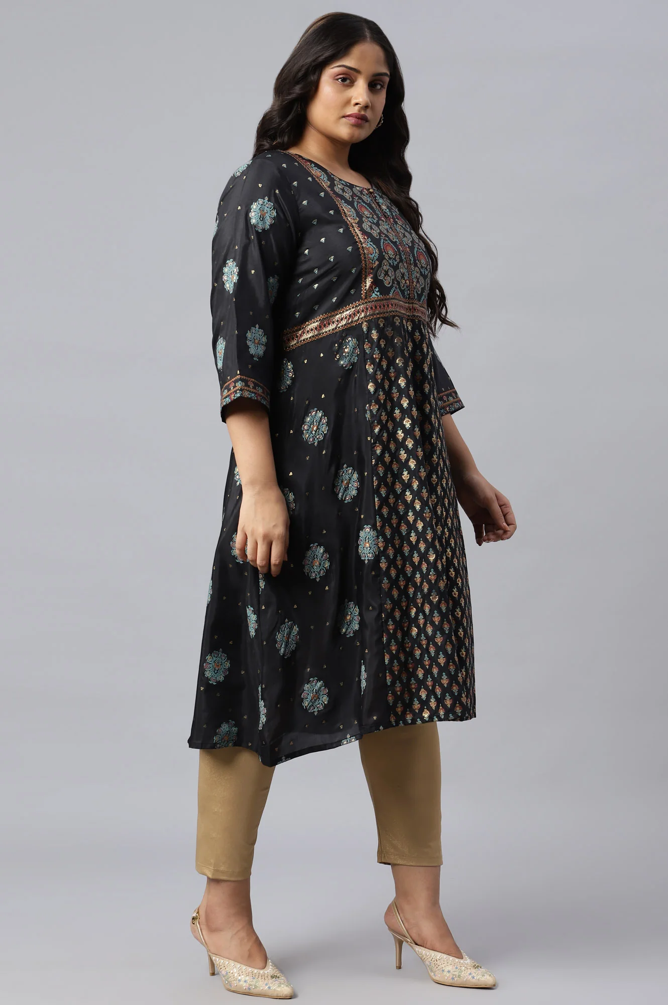 Plus Size Jet Black Foil Printed Shantung kurta - Image 4