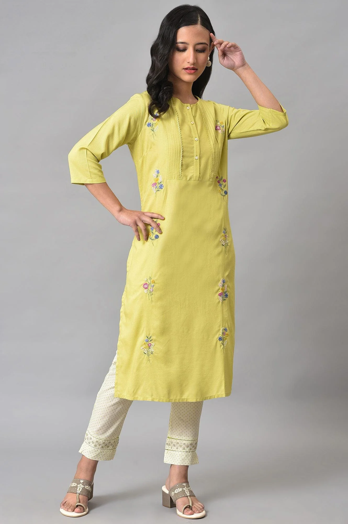 Plus Size Light Green Embroidered Pintuck Summer kurta - Image 6