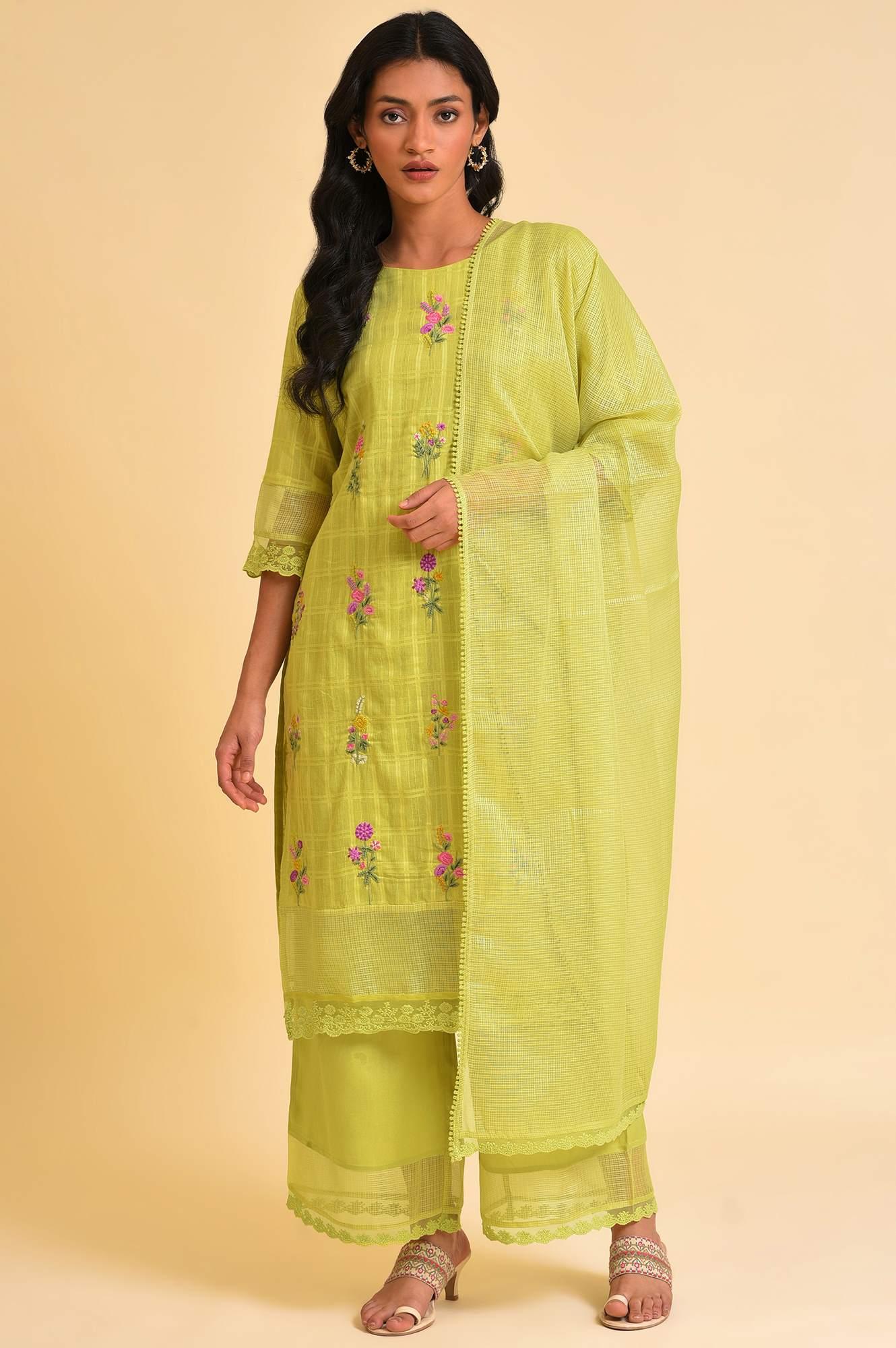 Plus Size Light Green Textured Cotton Embroidered kurta, Parallel Pants & Dupatta Set