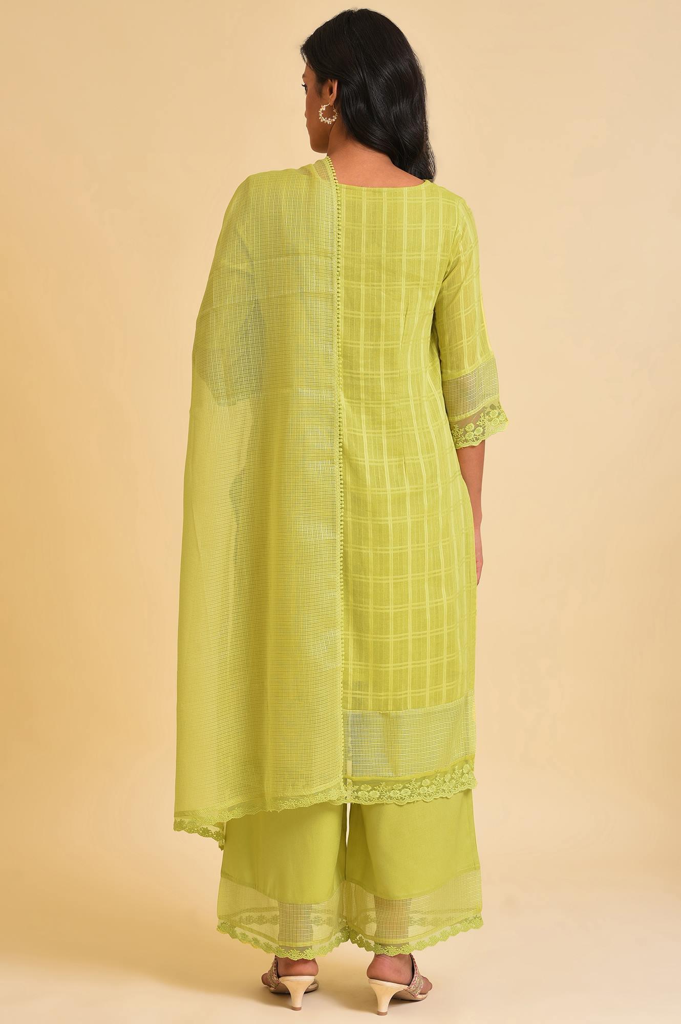 Plus Size Light Green Textured Cotton Embroidered kurta, Parallel Pants & Dupatta Set - Image 2