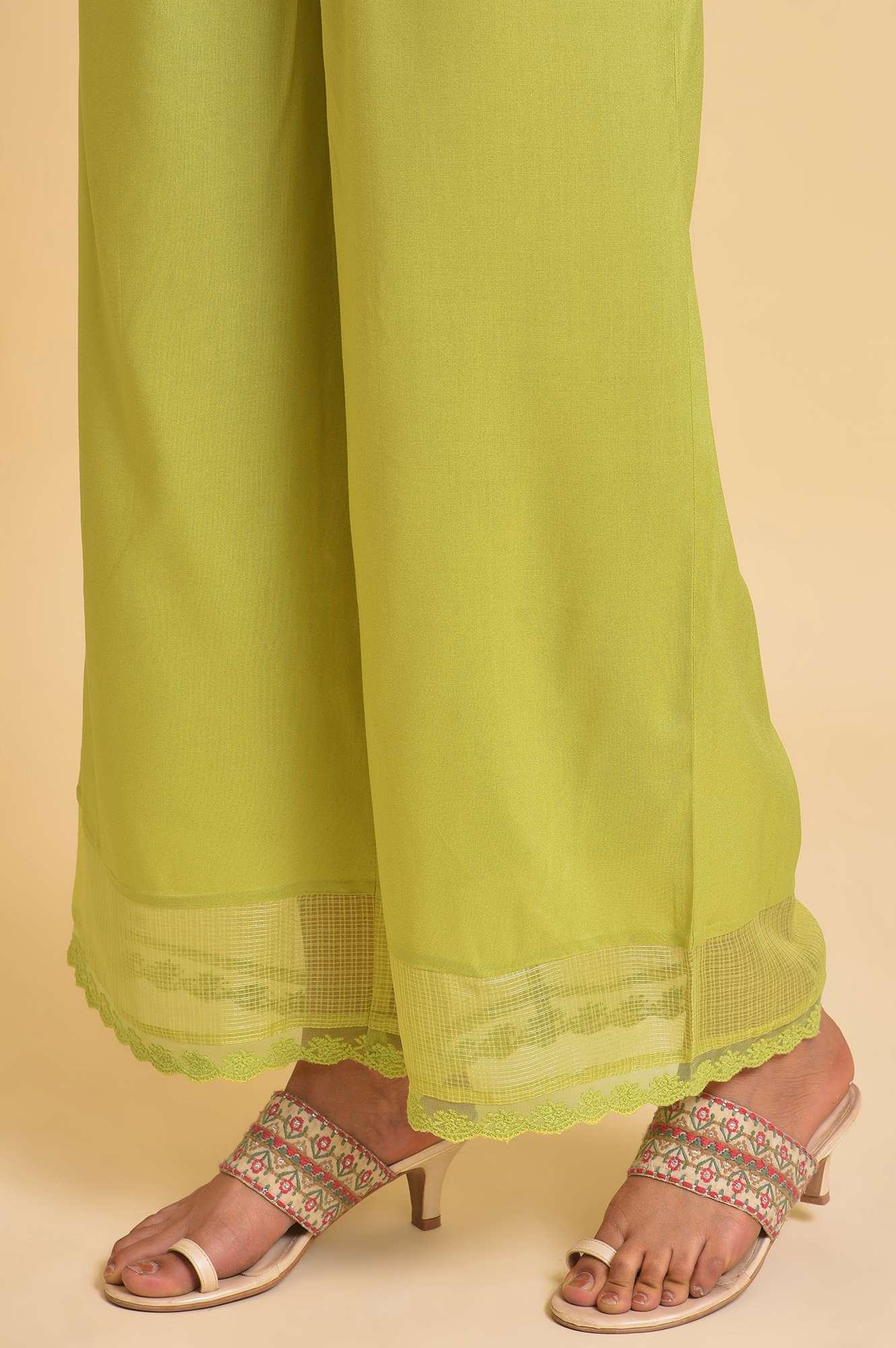 Plus Size Light Green Textured Cotton Embroidered kurta, Parallel Pants & Dupatta Set - Image 8