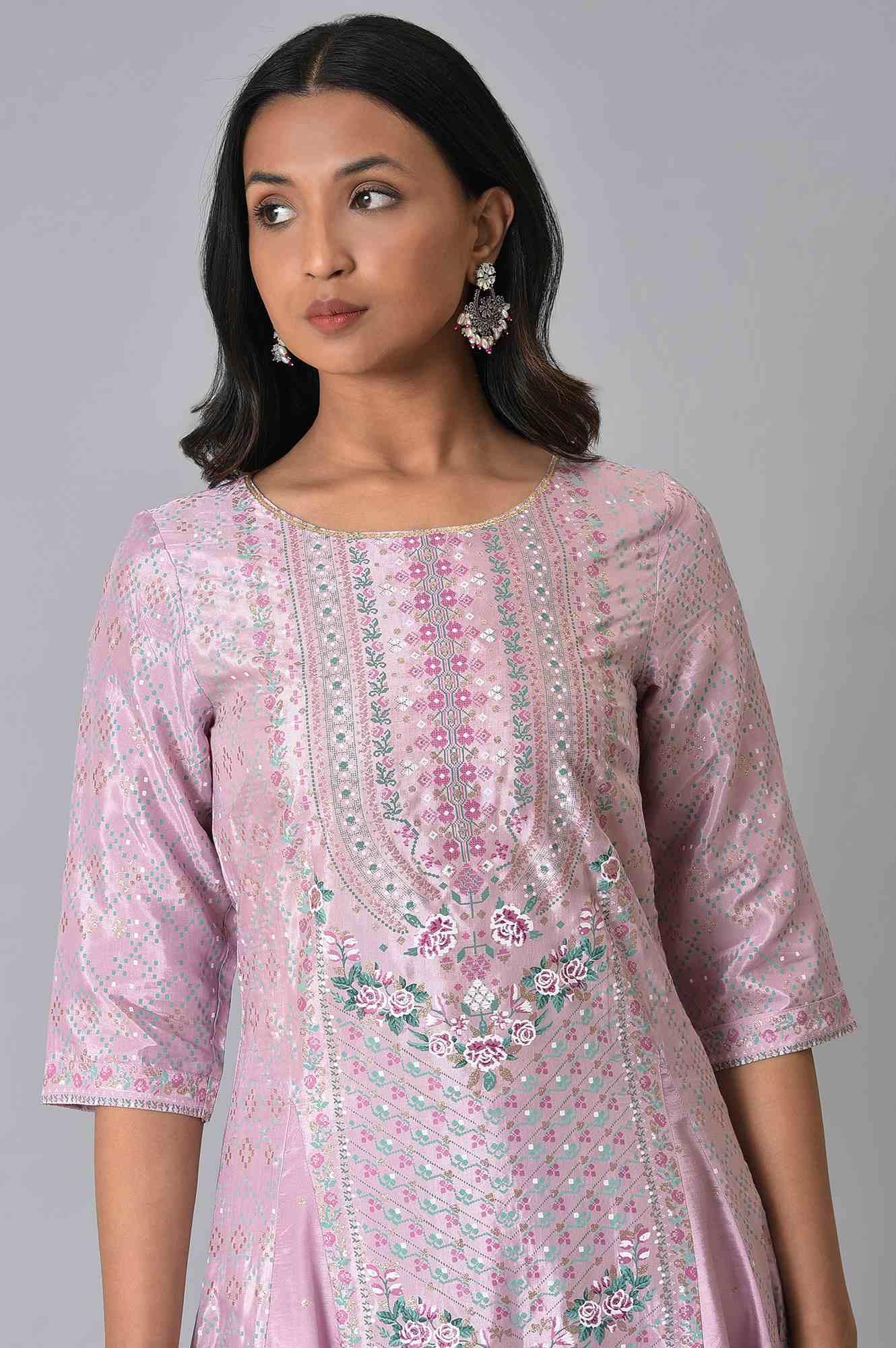 Plus Size Light Purple A-Line Shatung kurta - Image 5