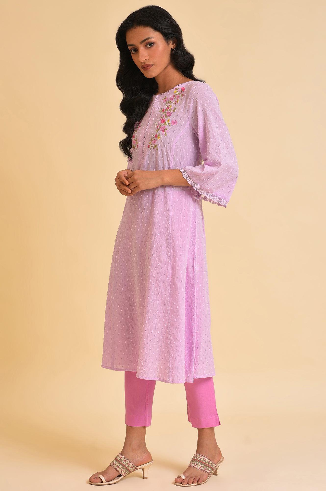 Plus Size Light Purple Embroidered Cotton kurta - Image 3