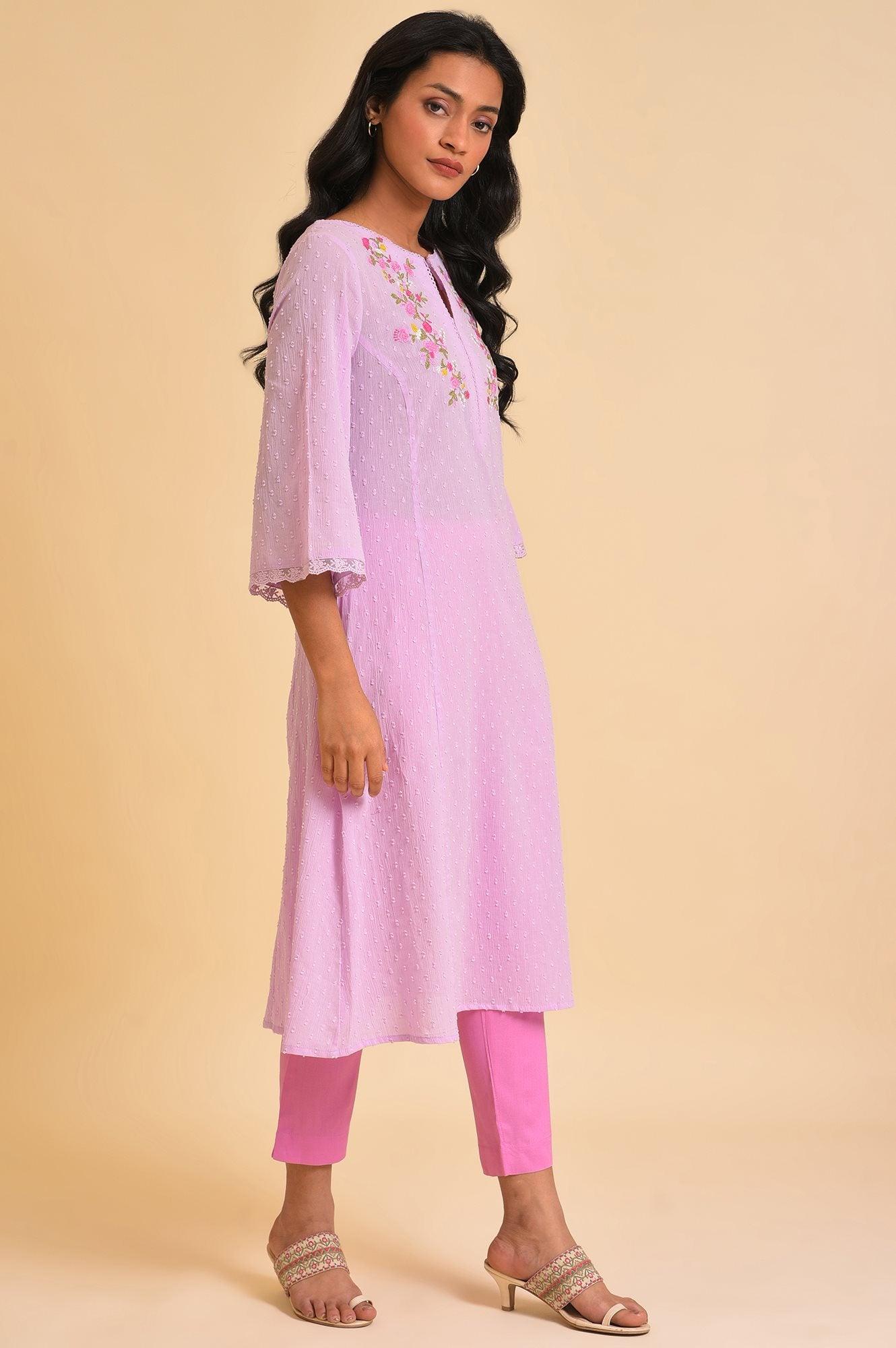 Plus Size Light Purple Embroidered Cotton kurta - Image 4