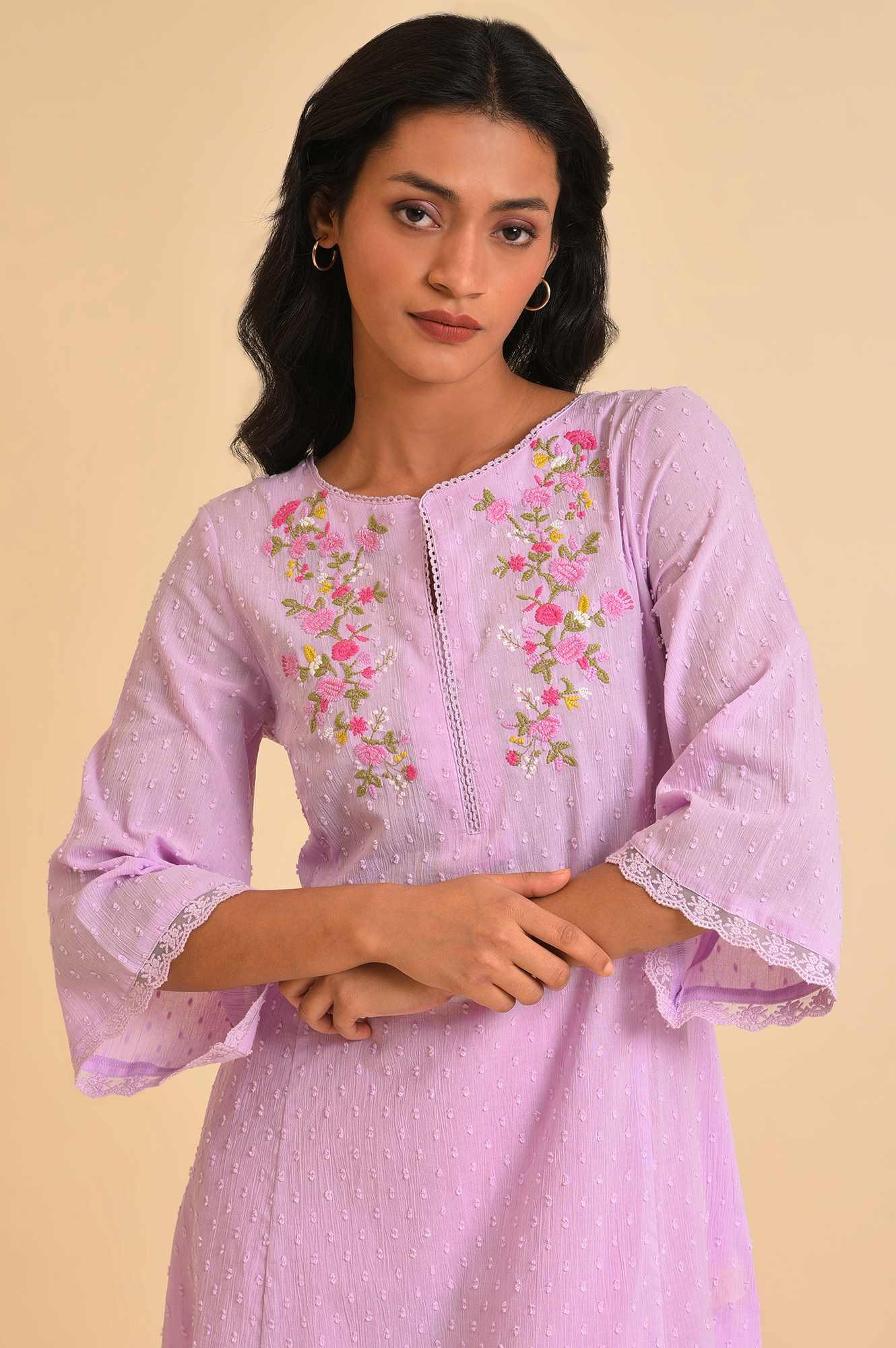 Plus Size Light Purple Embroidered Cotton kurta - Image 5