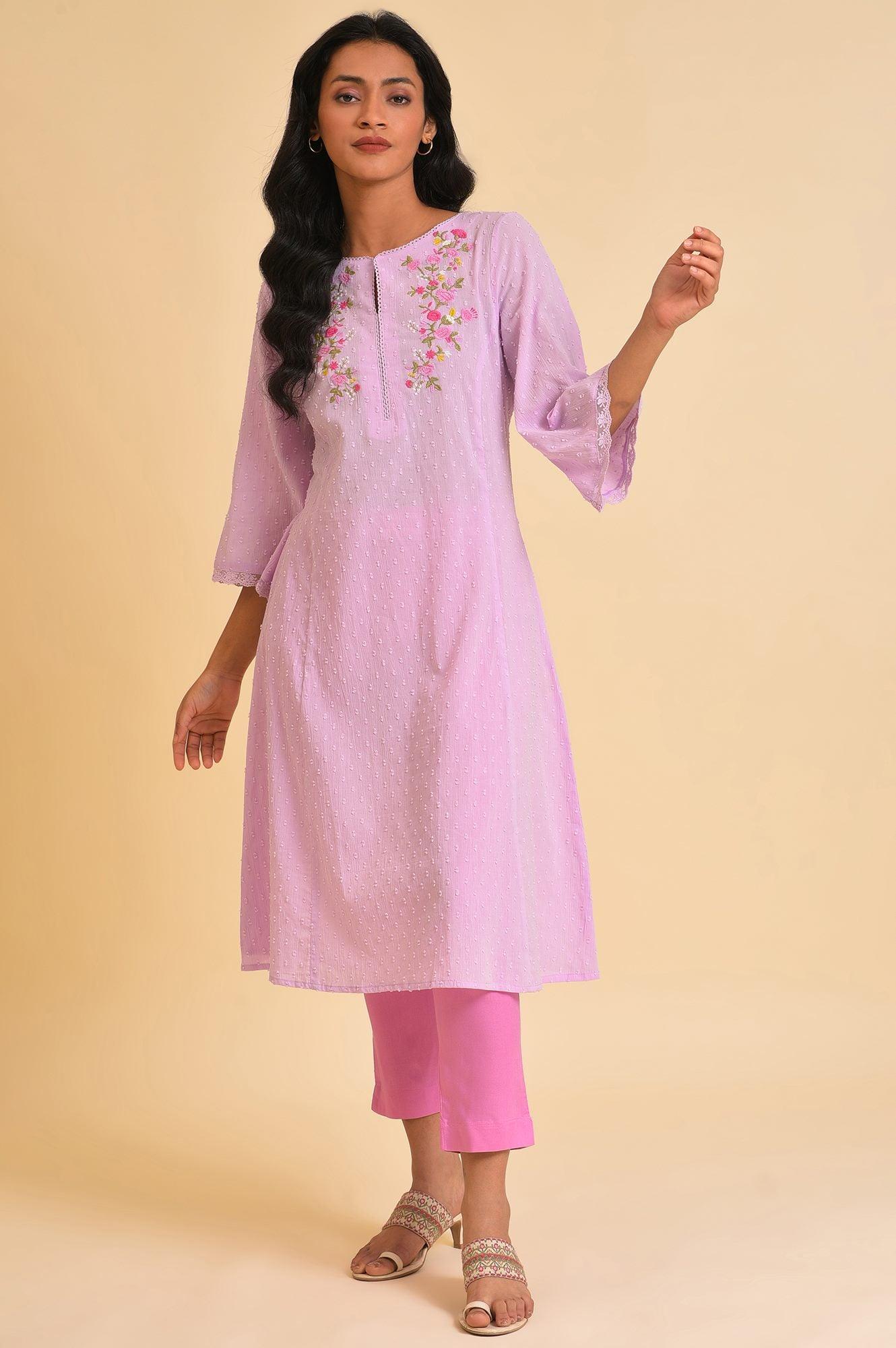 Plus Size Light Purple Embroidered Cotton kurta - Image 6