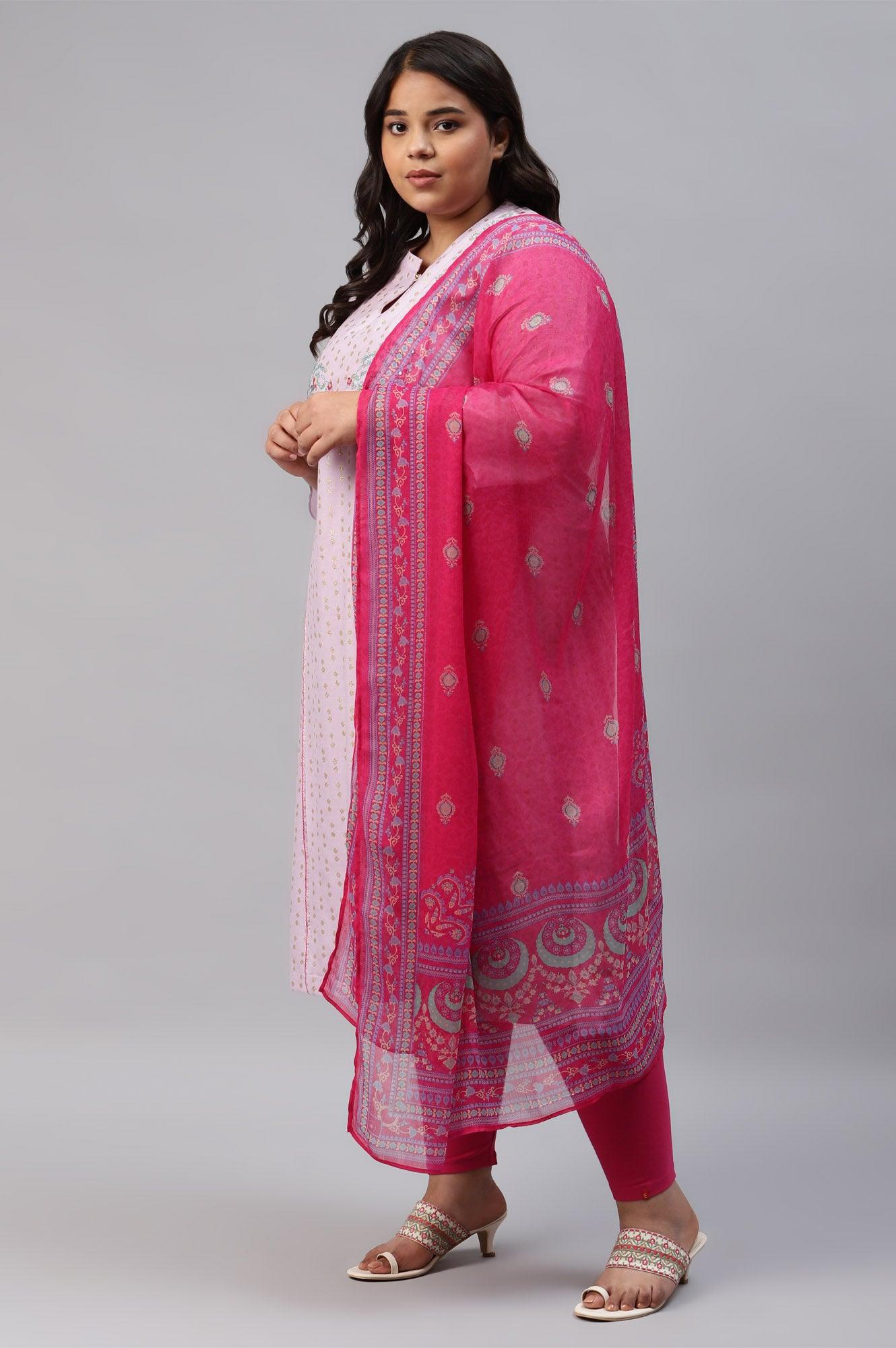 Plus Size Light Purple Embroidered kurta With Pink Tights And Printed Dupatta - Image 3