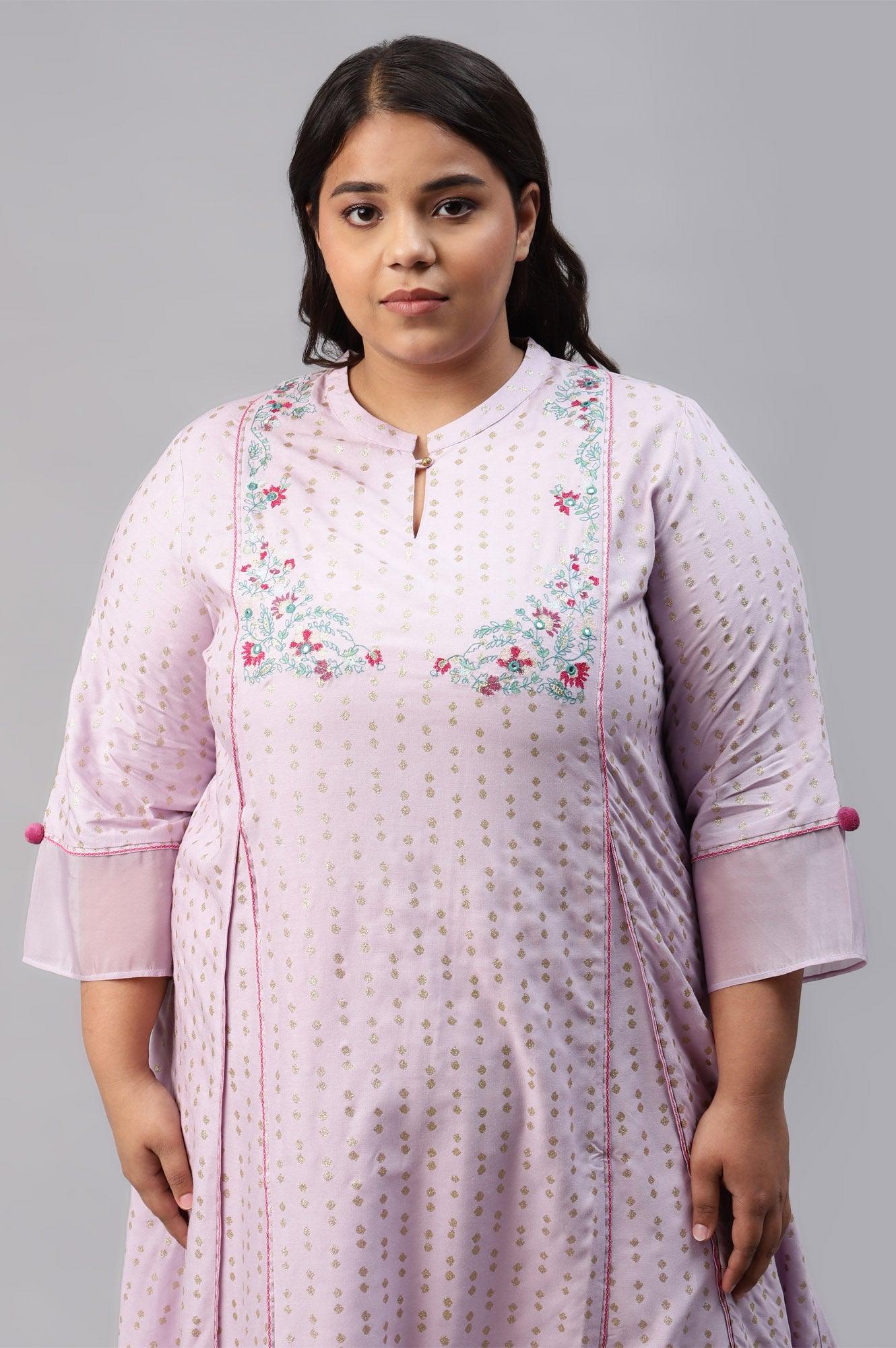 Plus Size Light Purple Embroidered kurta With Pink Tights And Printed Dupatta - Image 5